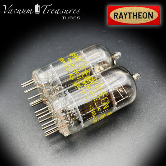 12AU7 / ECC82 RAYTHEON Matched Pair Long Black Plate Square Getter Tested Tubes USA '57