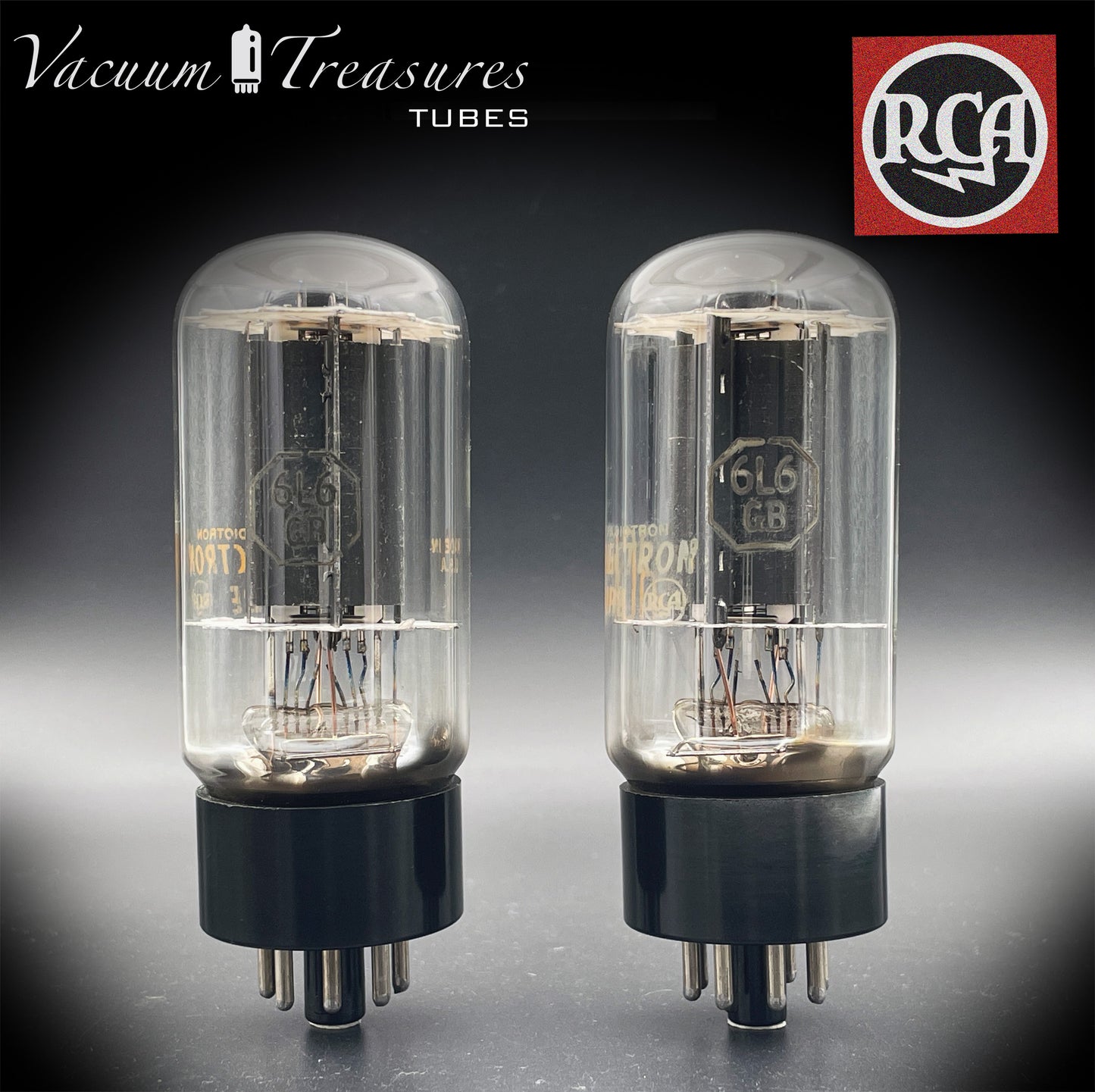 6L6GB RCA Black Plates Double Bottom Getter – Matched Pair – AMPLITREX Tested – Made in USA