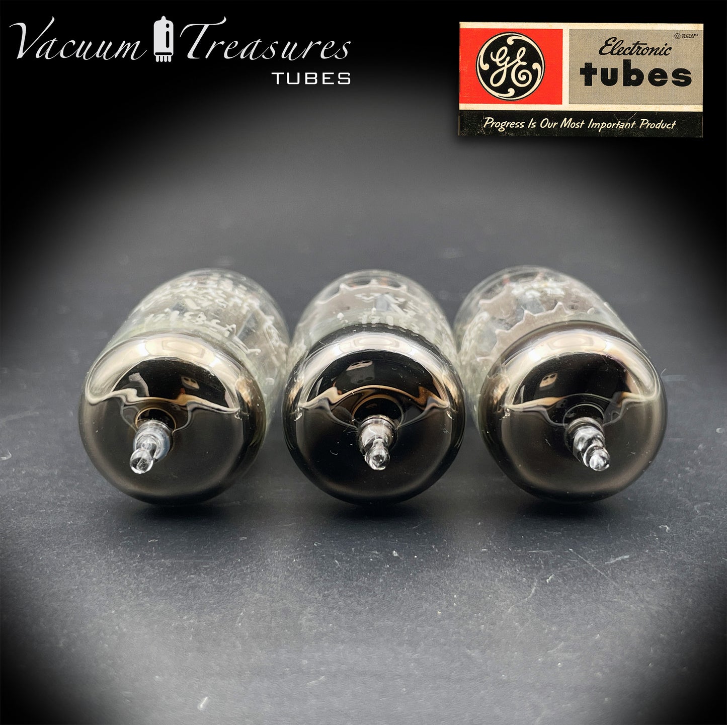 5814A / 12AU7WA / E82CC GE Five Stars Matched Trio Gray Plates Disc Getter Made in USA '66