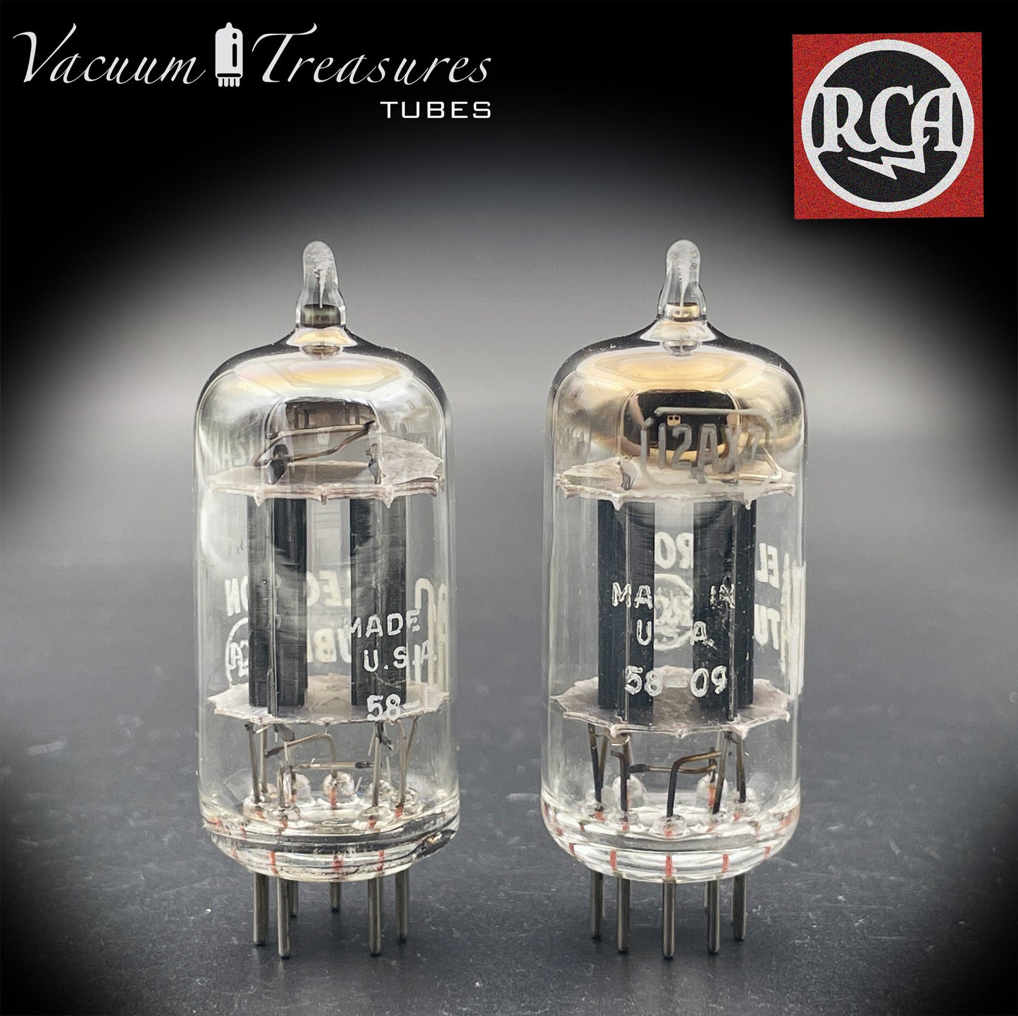 12AX7 / ECC83 RCA Matched Pair Long Black Plates Square Tilt getter Made in USA '58