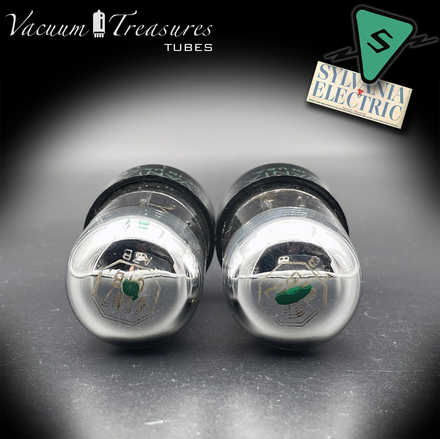6SN7GTB NOS SYLVANIA CHROME TOP Green Dot Matched Pair Black Plates Tubes USA '50s