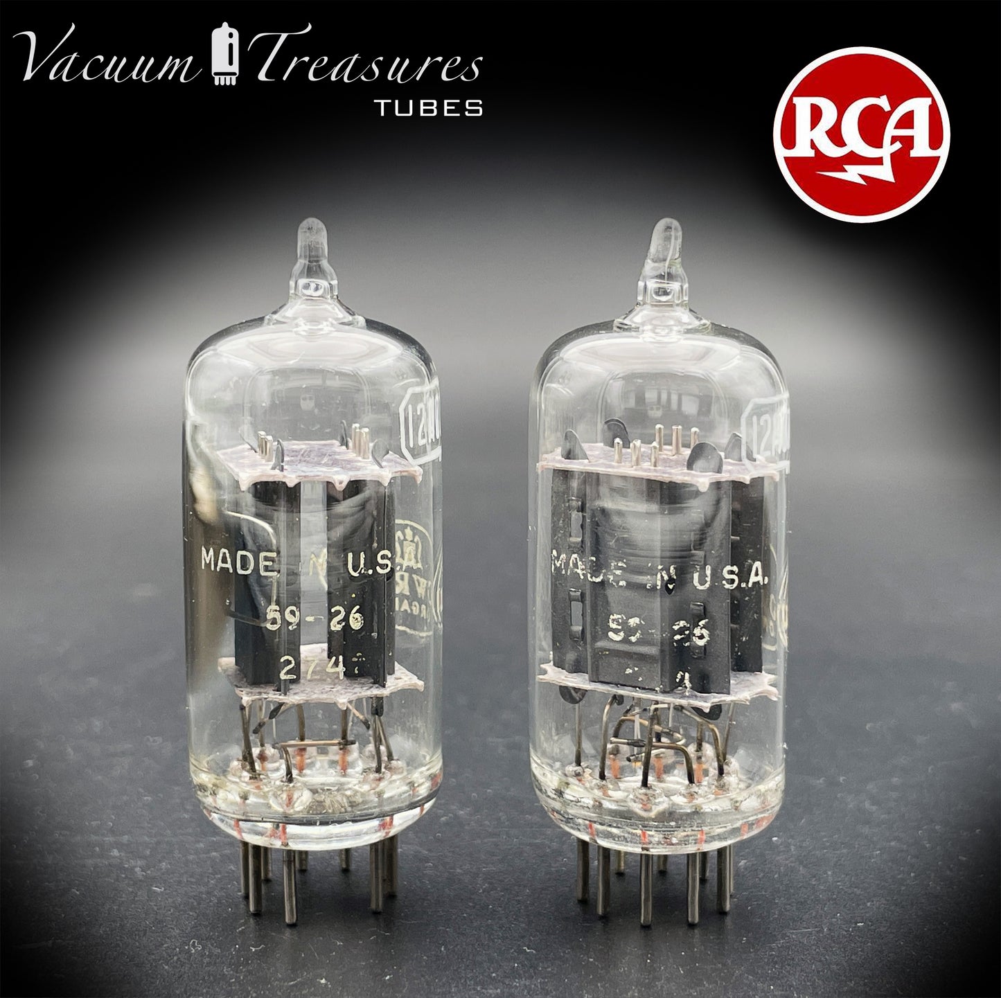 12AU7A / ECC82 Lowray by RCA Clear Top 1959 - NOS Matched Pair - Long Gray Plates - Amplitrex Tested