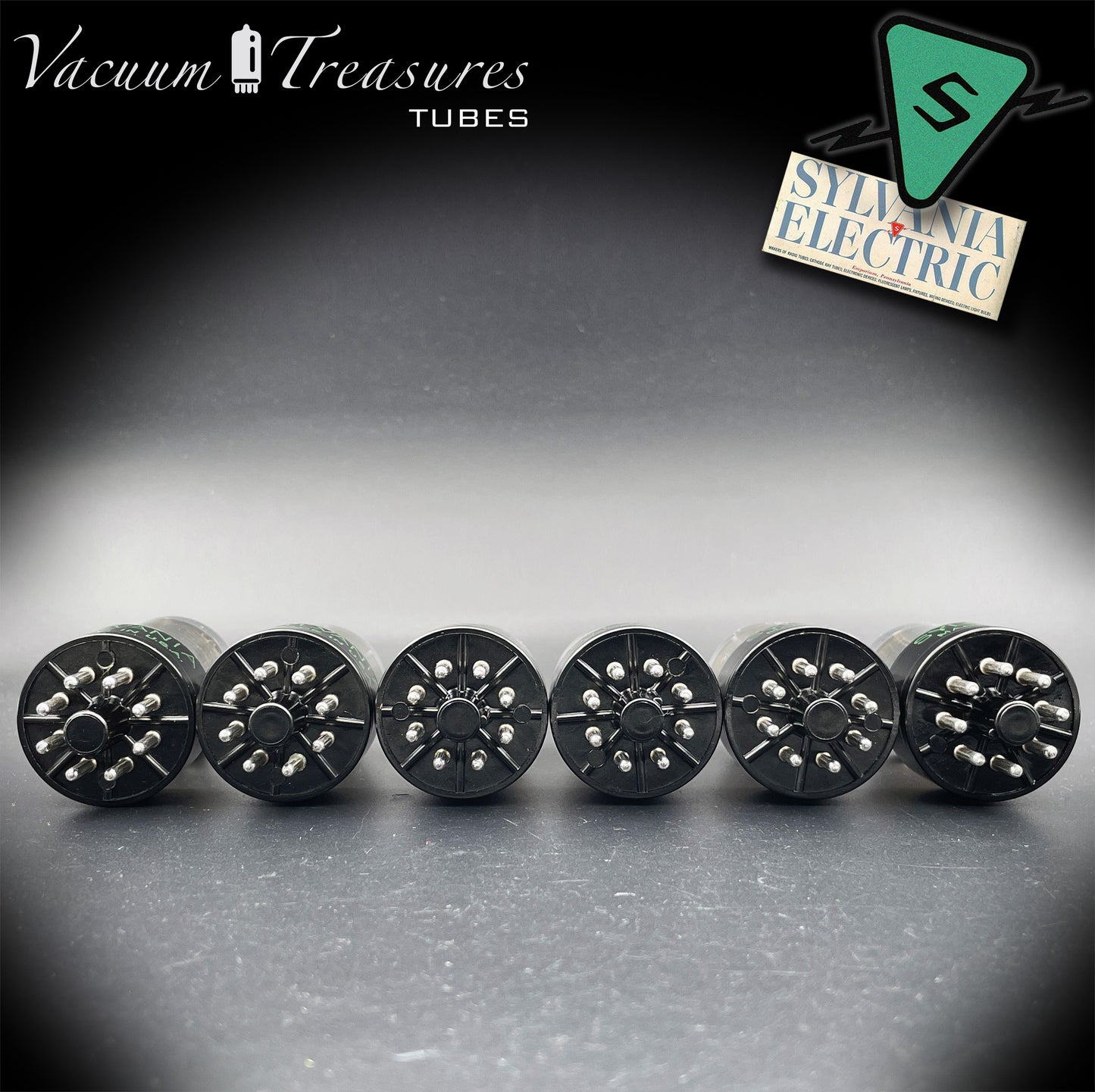 6SN7GTB NOS SYLVANIA CHROME TOP Green Dot Matched Sextet Black Plates Tubes USA