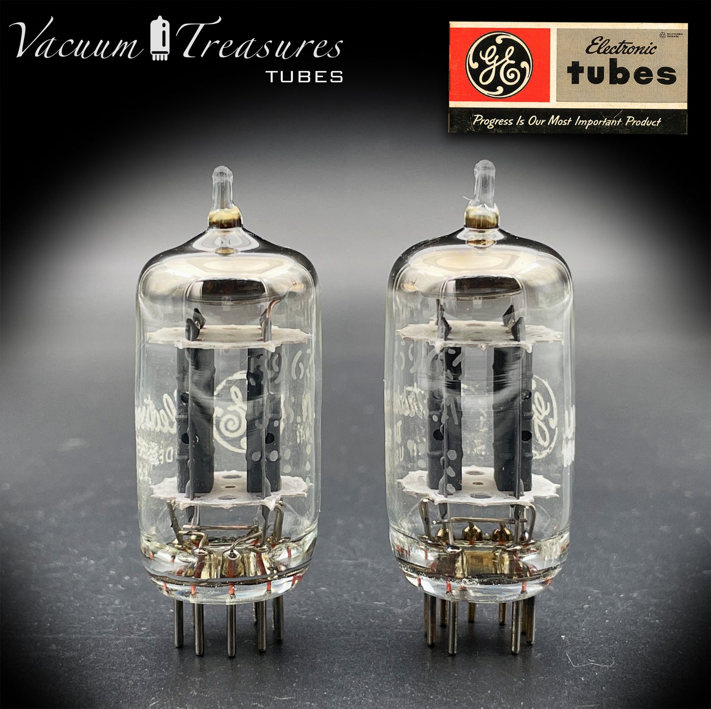 5963 / 12AU7 / ECC82 GE NOS Matched Pair - Long Gray Plates - AMPLITREX Tested - Made in USA