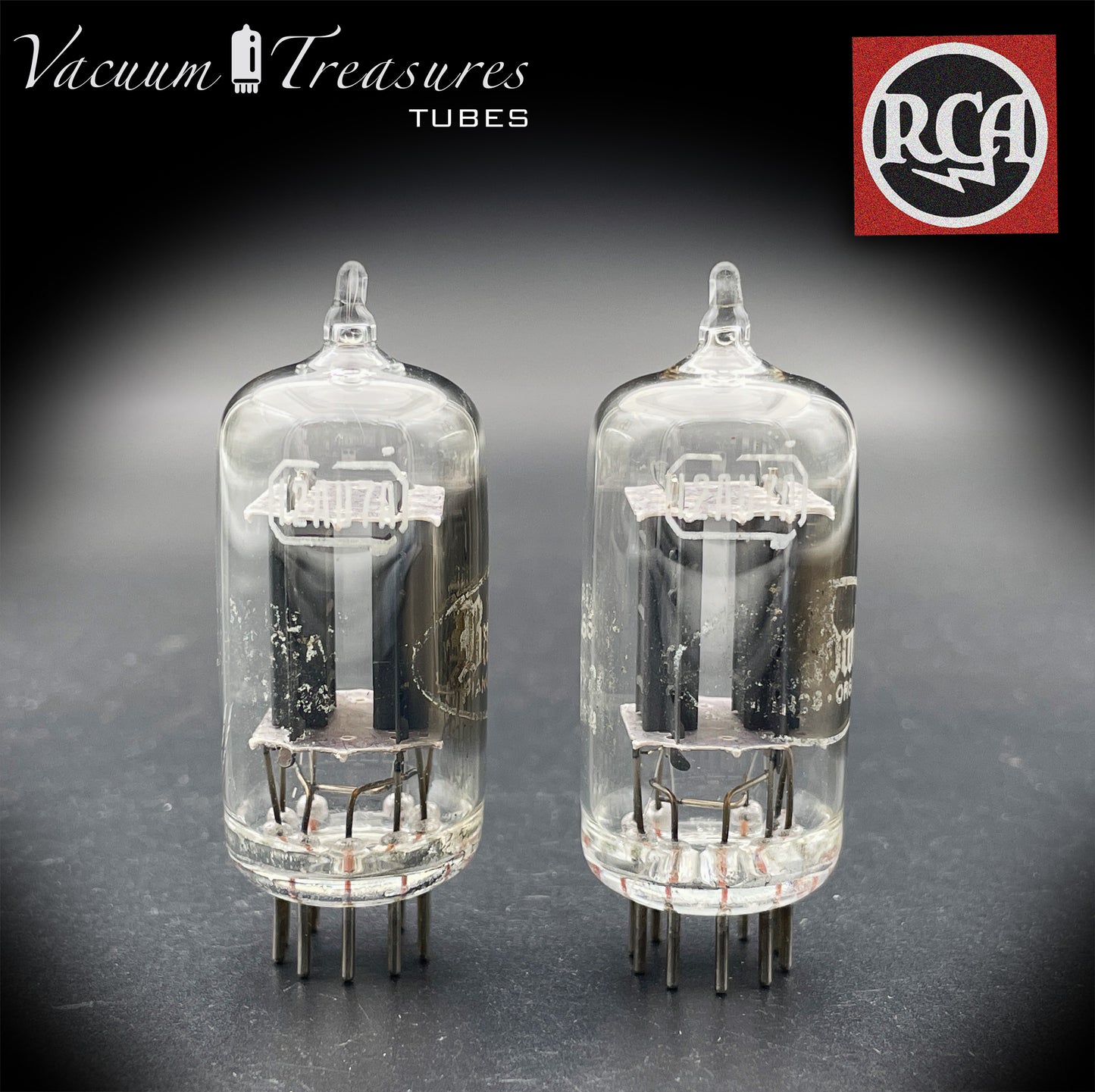 12AU7 / ECC82 Baldwin by RCA AMPLITREX Matched Pair Clear Top Long Gray Plates Side D Getter Tubes