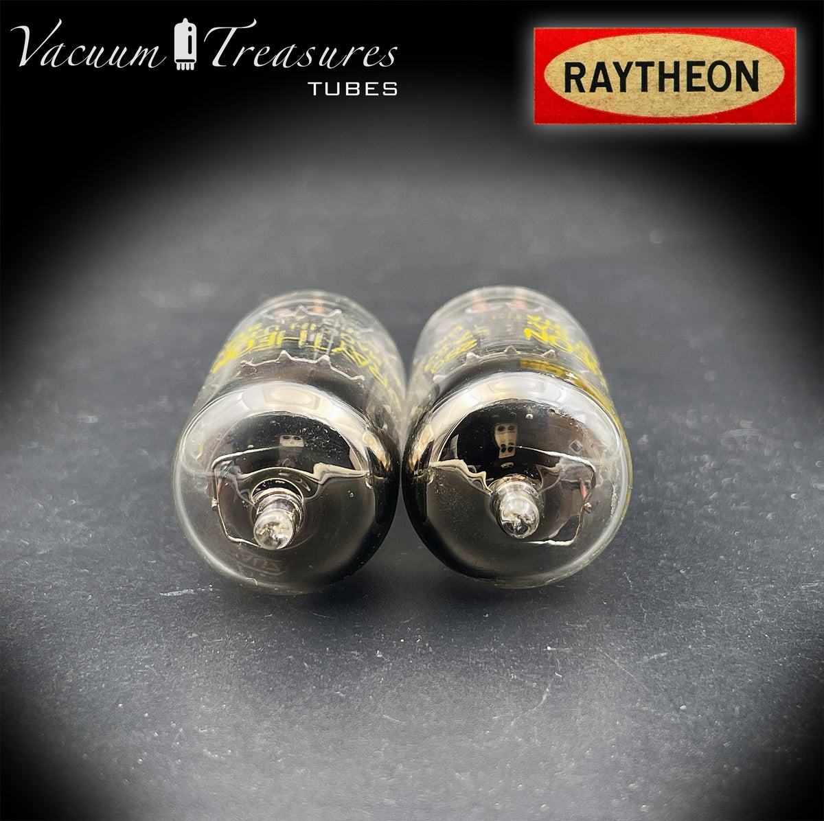 12AU7 / ECC82 RAYTHEON Matched Pair Long Black Plate Square Getter Tested Tubes USA '57