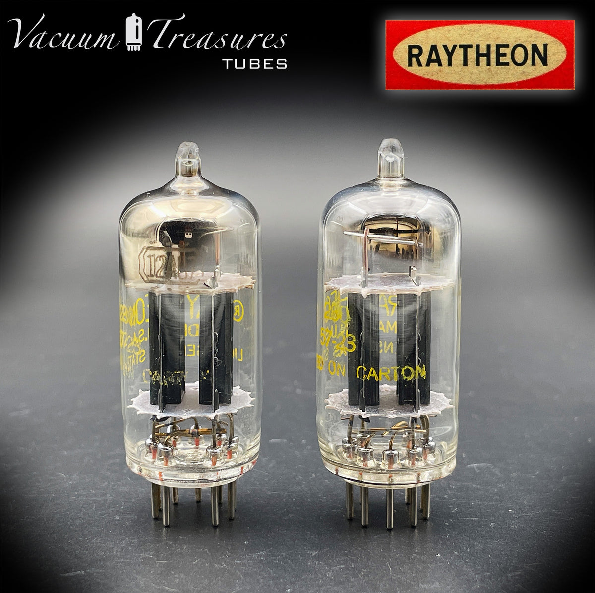 12AU7 / ECC82 RAYTHEON Matched Pair Long Black Plate Square Getter Tested Tubes USA '57