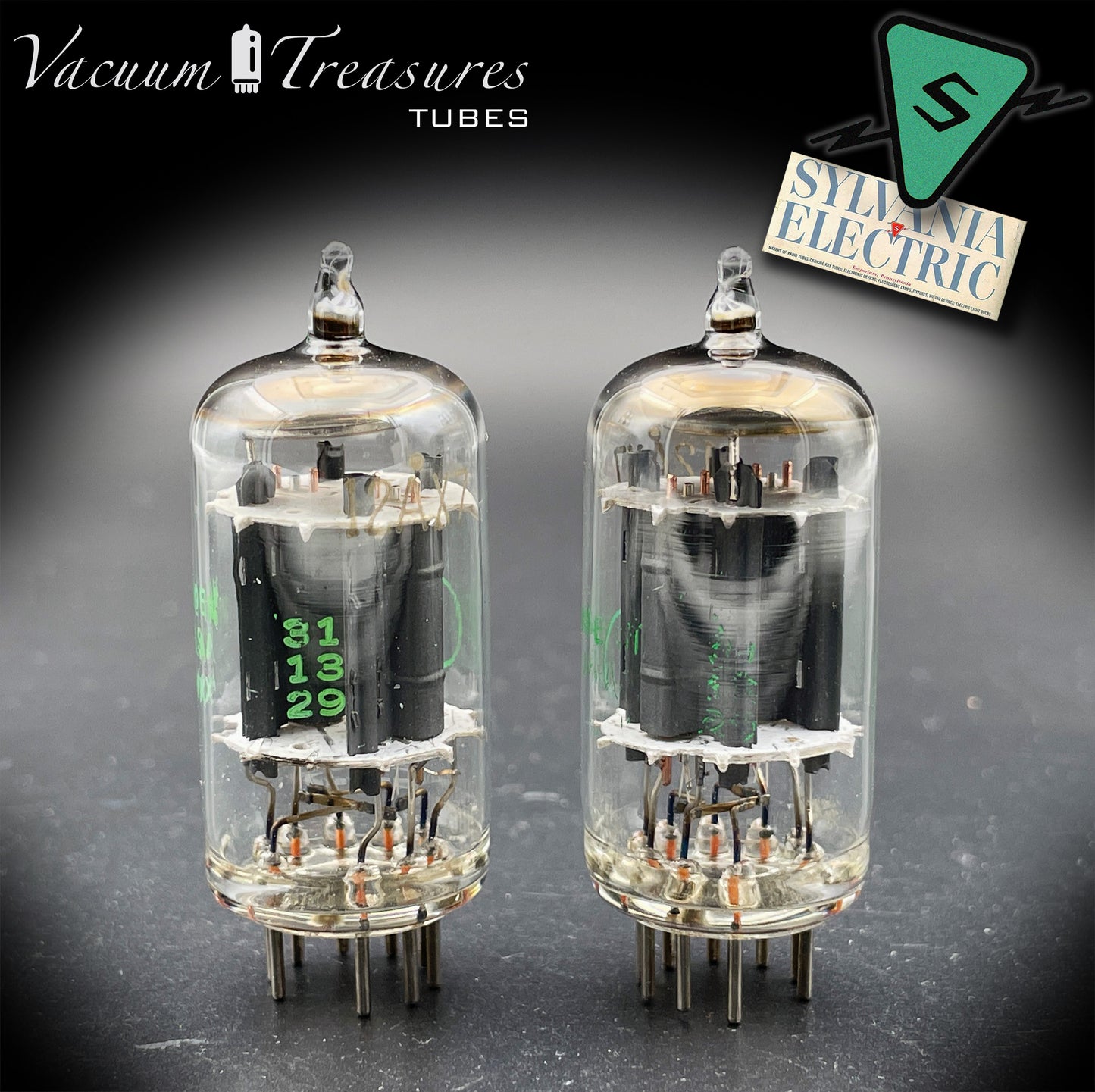 12AX7 ECC83 NOS Baldwin by SYLVANIA – Matched Pair – Long Gray Plates Halo Getter USA 1951