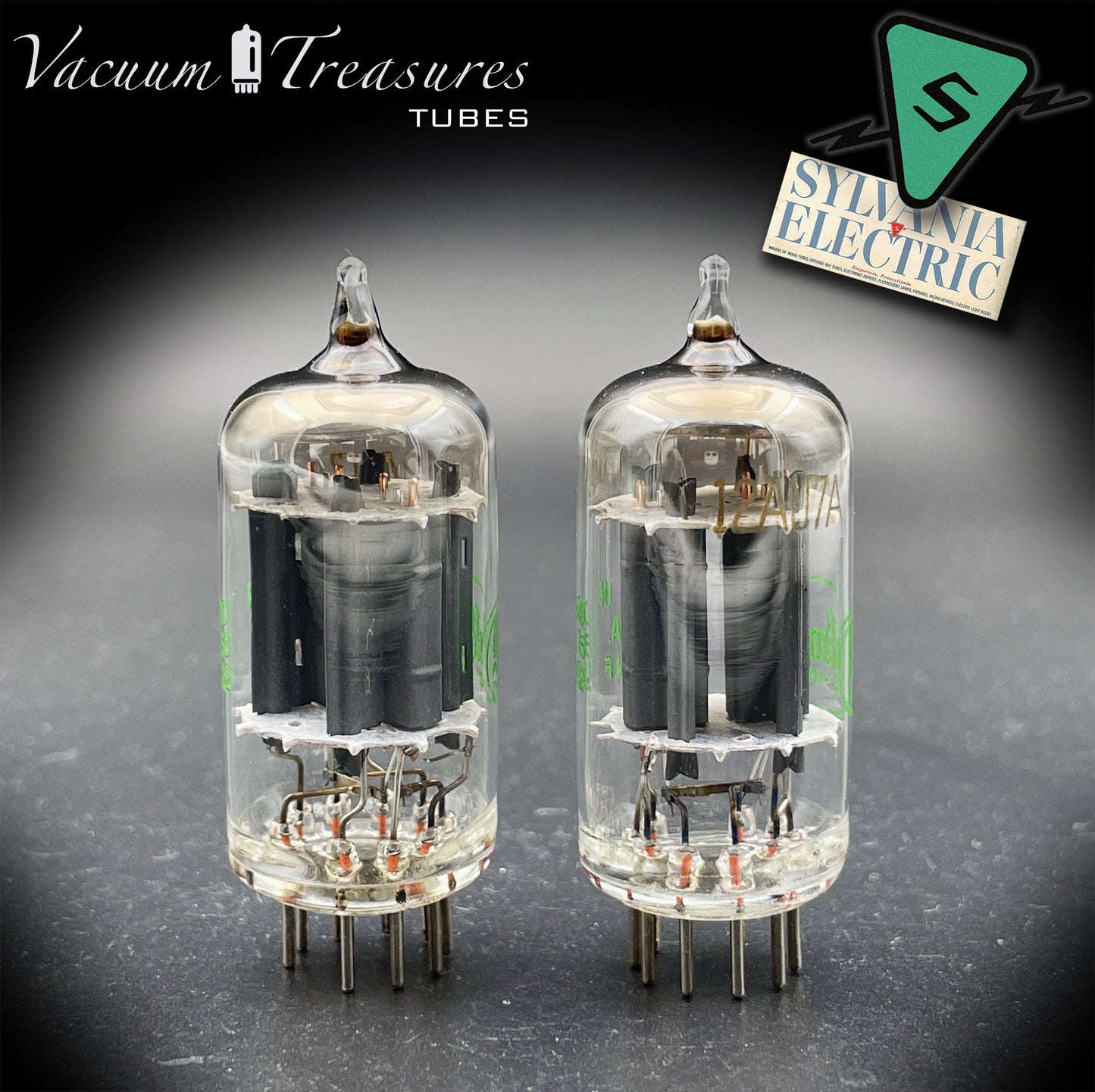 12AU7A / ECC82 NOS Baldwin by SYLVANIA Long Gray Plates Halo Getter Matched Pair Tubes Made in USA '60s