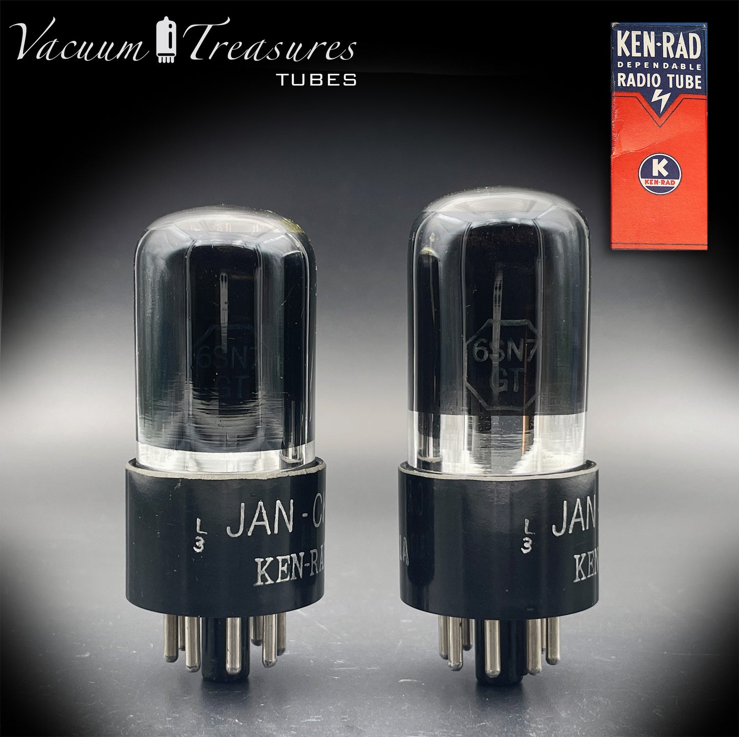 6SN7GT VT-231 KEN-RAD Black Plates Black Glass Foil Getter – Matched Pair – Made in USA anni ’40