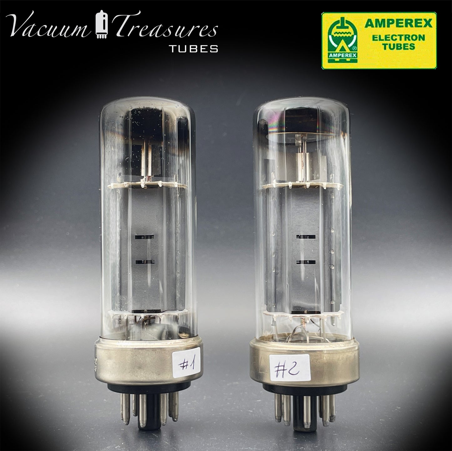 6CA7 EL34 AMPEREX by PHILIPS Eindhoven Metal Base ’55 One-Piece Disc Getter Matched Pair Amplitrex Tested Curves Included