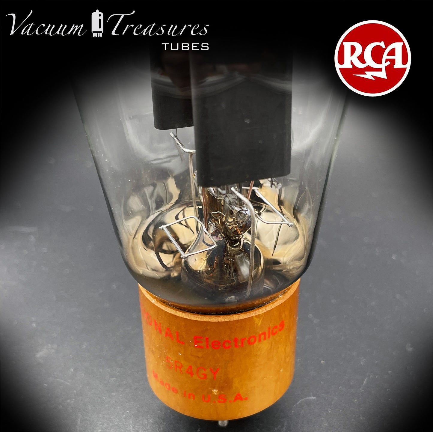 5R4GY INTERNATIONAL (RCA) – Black Plates Brown Base – Hanging Filaments – NOS NIB – Made in USA '50s