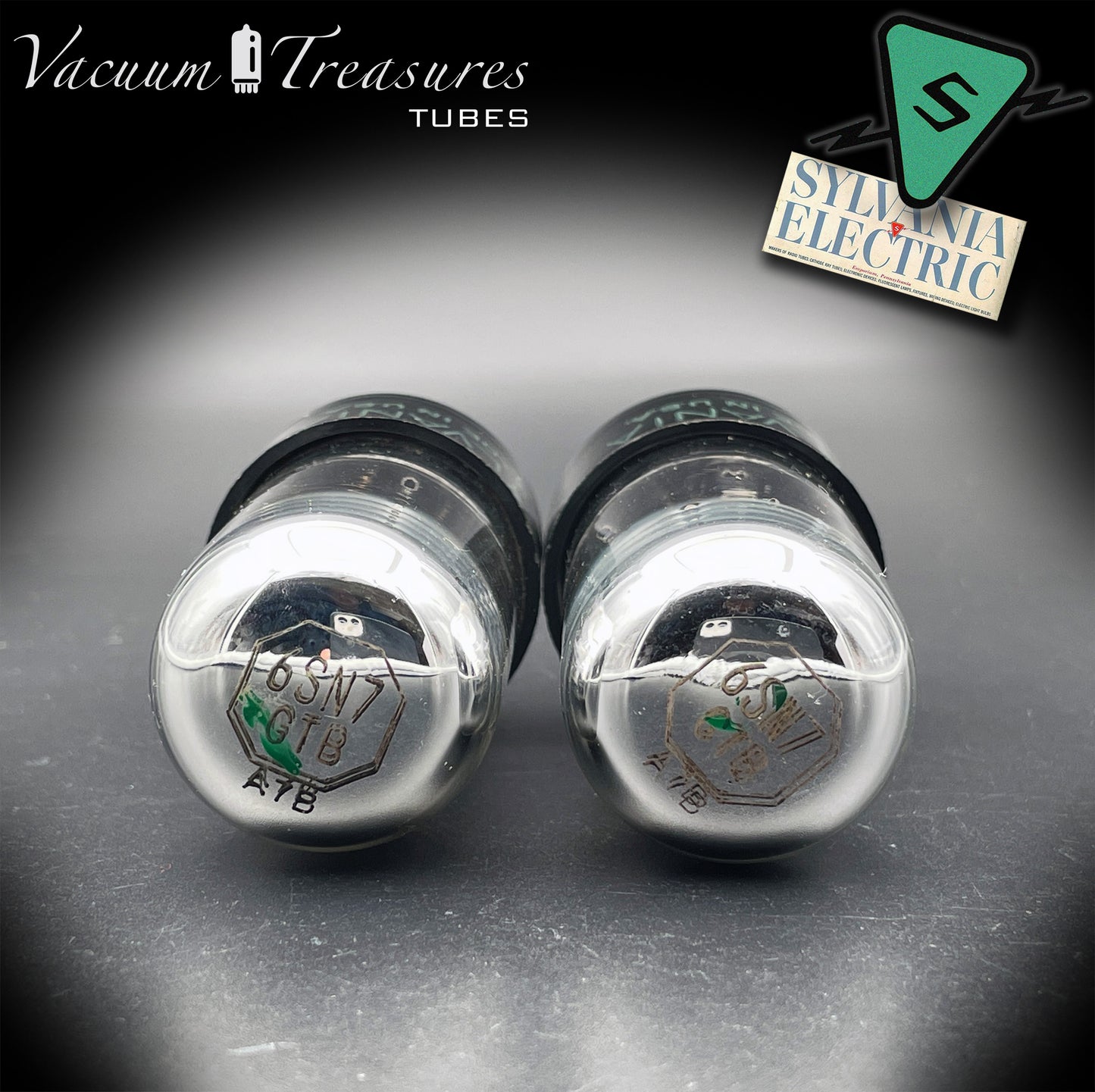 6SN7GTB NOS SYLVANIA CHROME TOP Green Dot Matched Pair Black Plates Tubes USA '50s