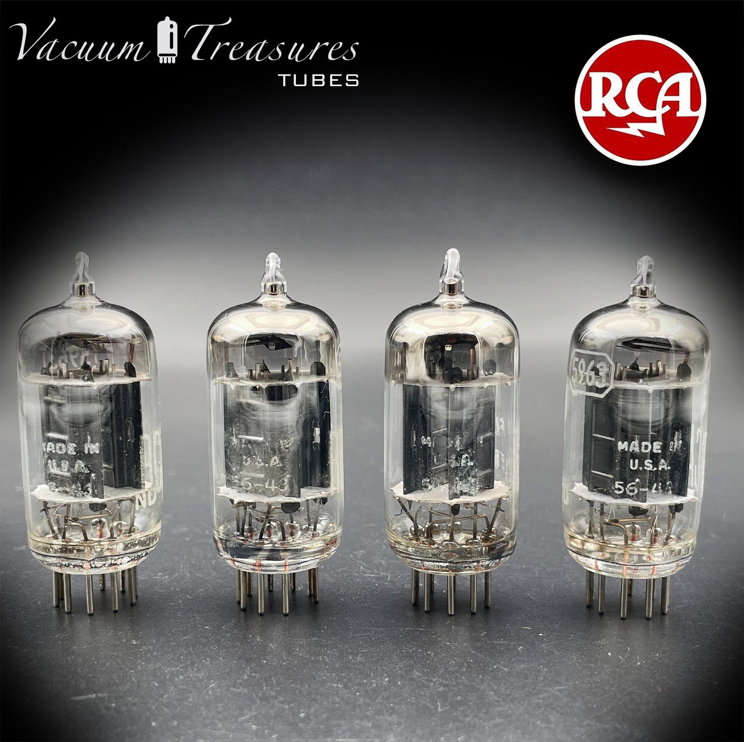 5963 ( 12AU7 ) RCA Matched Quad Long Black Plates Foil Getter AMPLITREX Tested