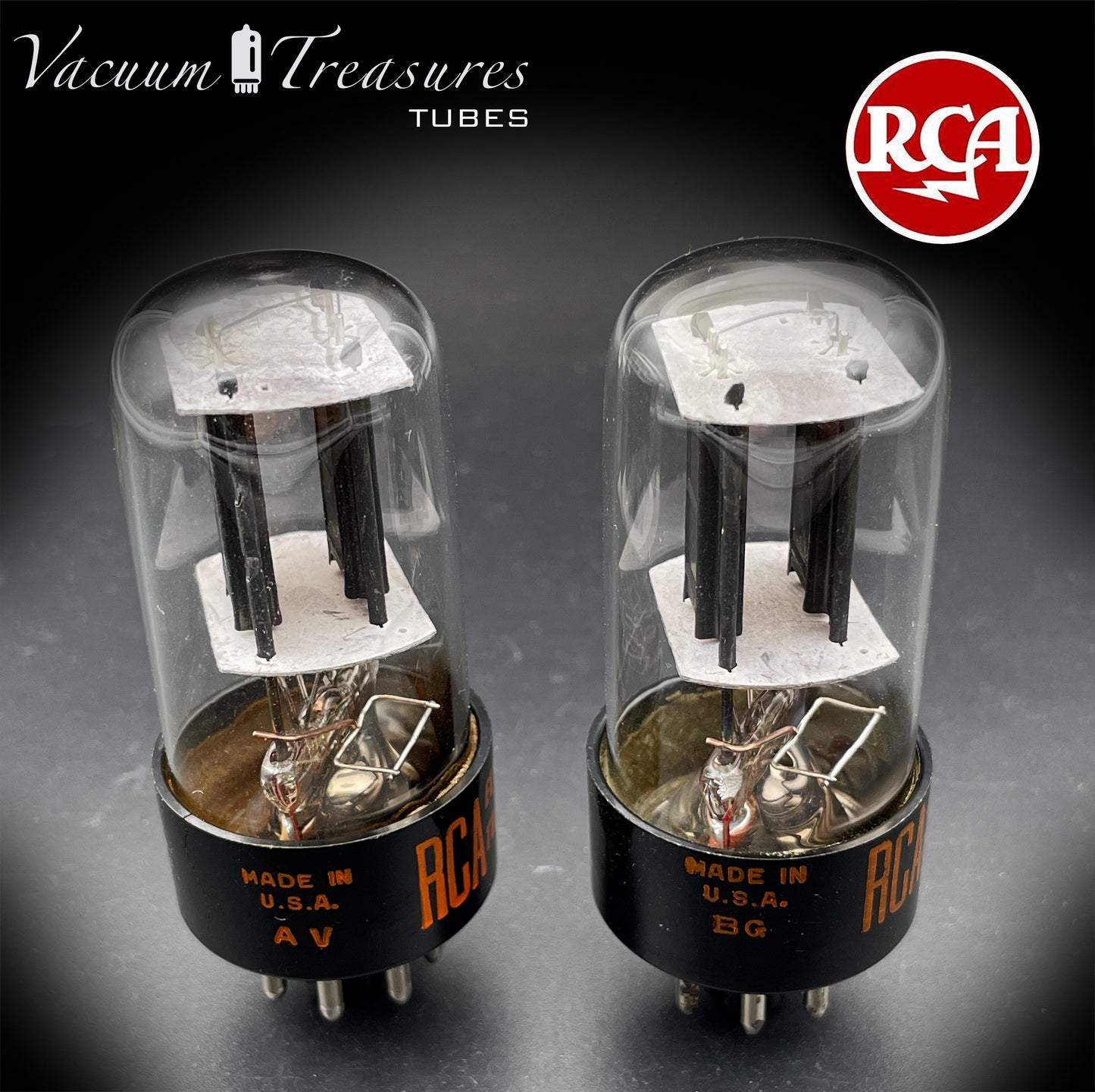 6SN7 GTB RCA Red Logo AMPLITREX Matched Pair Black Plates D Getter Low Noise & Mic Tubes