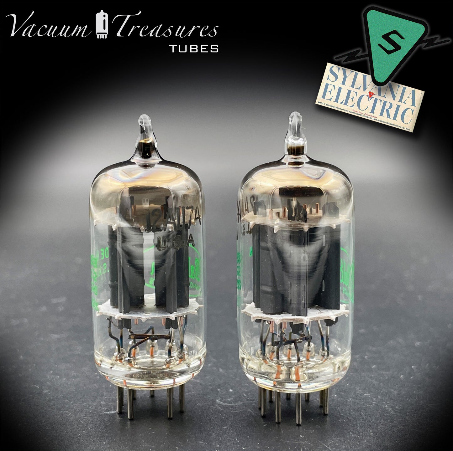 12AU7A / ECC82 NOS Baldwin by Sylvania Matched Pair Long Gray Plates Halo Getter Tubes USA '63