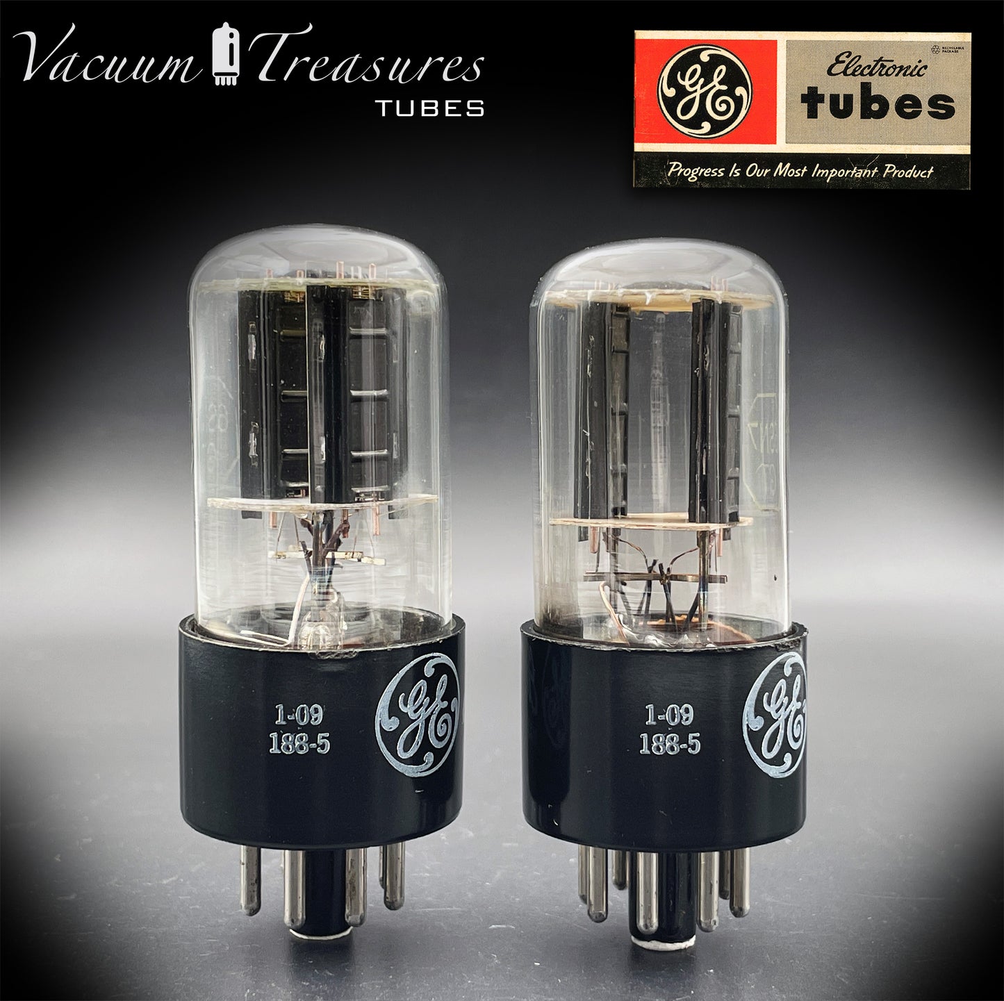 6SN7GT GE Black Plates Square Getter – Tested Pair – STRONG Issue – Made in USA '50s