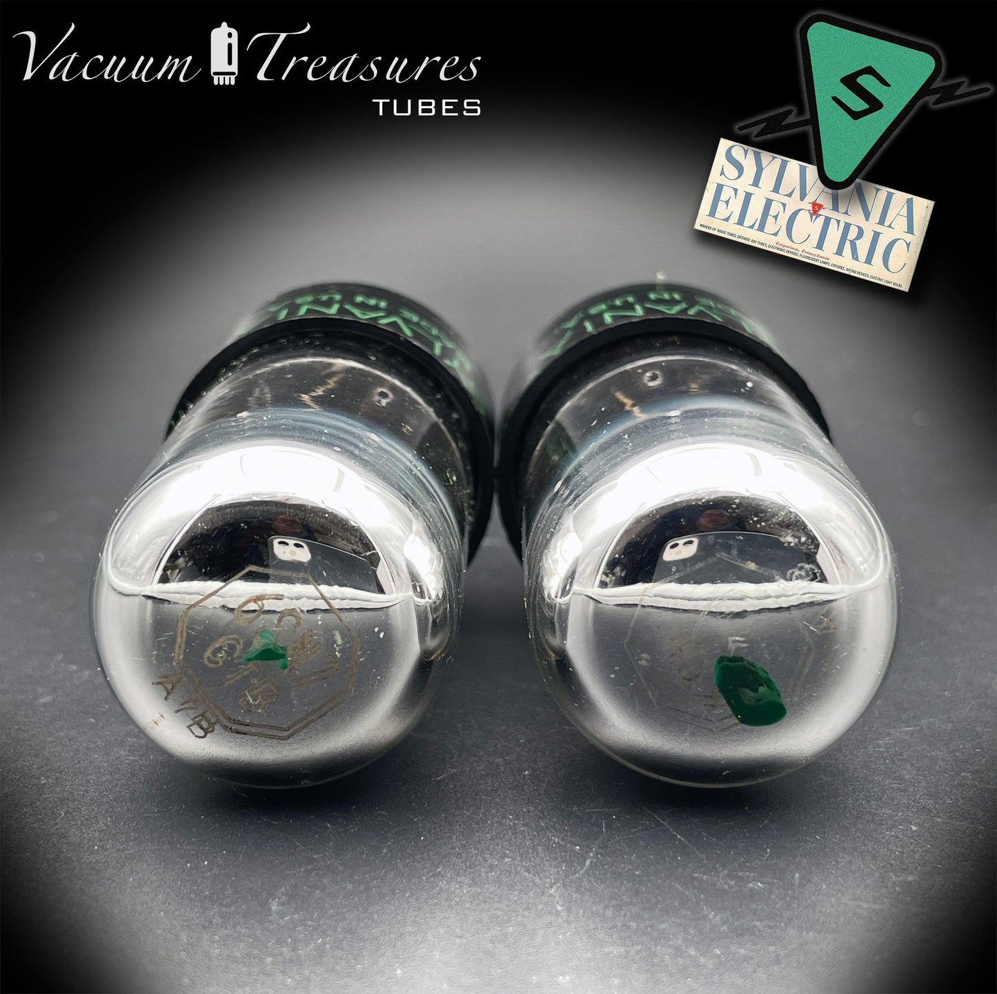 6SN7GTB NOS SYLVANIA CHROME TOP Green Dot Matched Pair Black Plates Tubes USA '50s