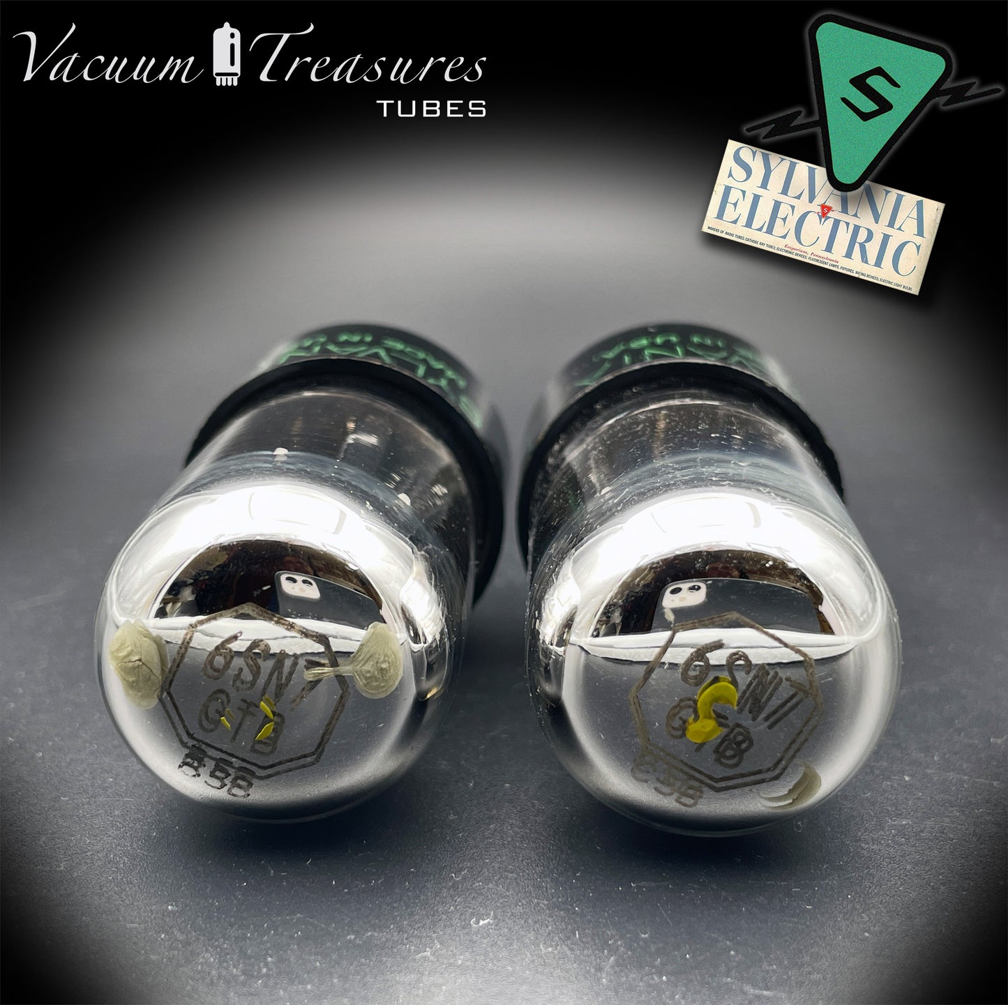 6SN7GTB NOS SYLVANIA CHROME TOP Matched Pair Low Noise & Mic Black Plates Tubes USA 1955