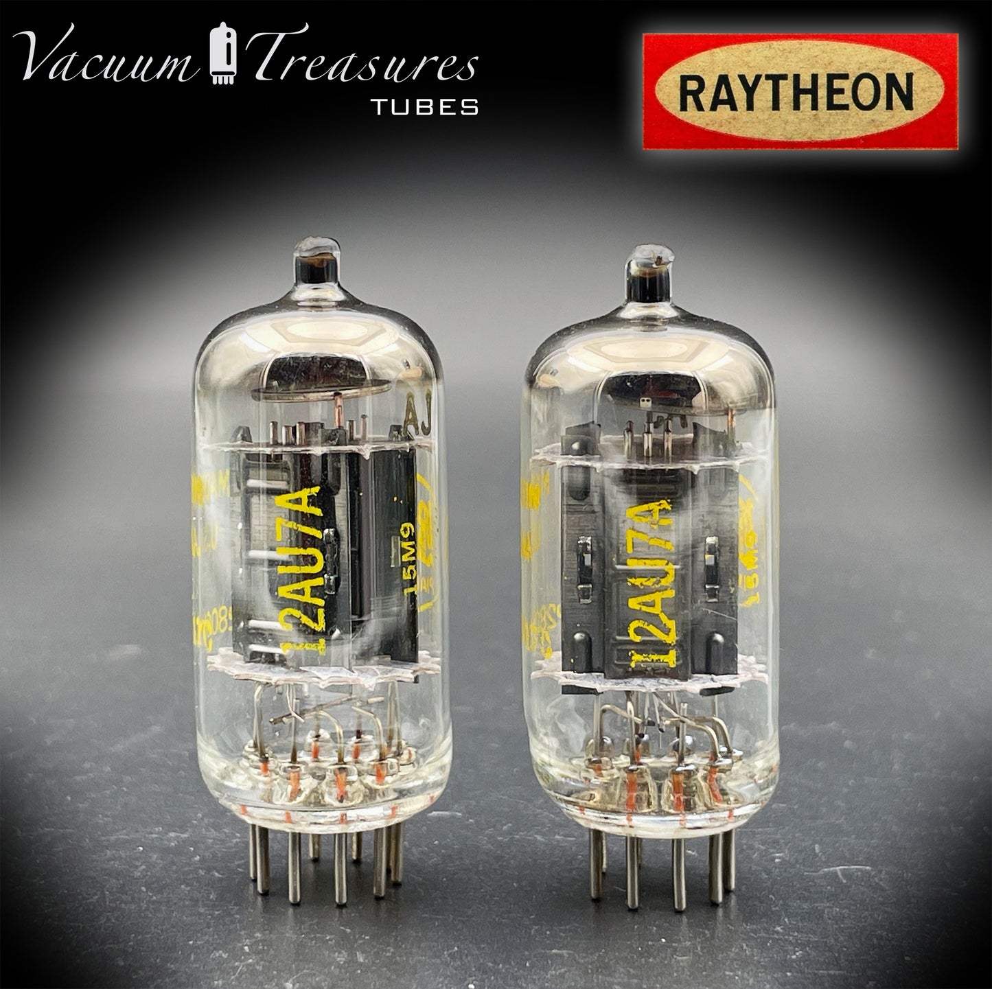 12AU7A / ECC82 NOS Baldwin by RAYTHEON Matched Pair Tubes Long Black Plates Halo Getter Made in USA '61