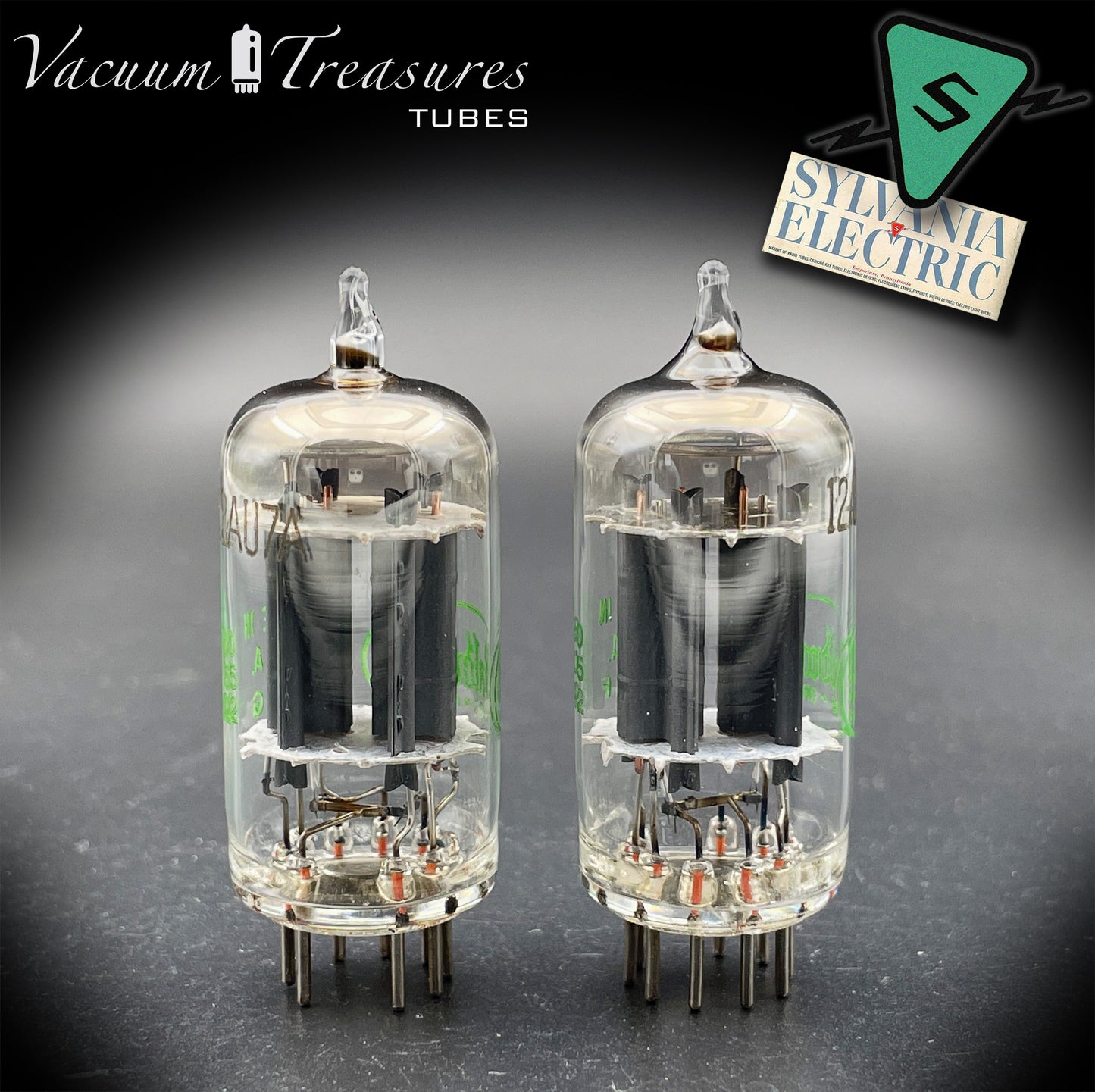 12AU7A / ECC82 NOS Baldwin by SYLVANIA Long Gray Plates Halo Getter Matched Pair Tubes Made in USA '60s