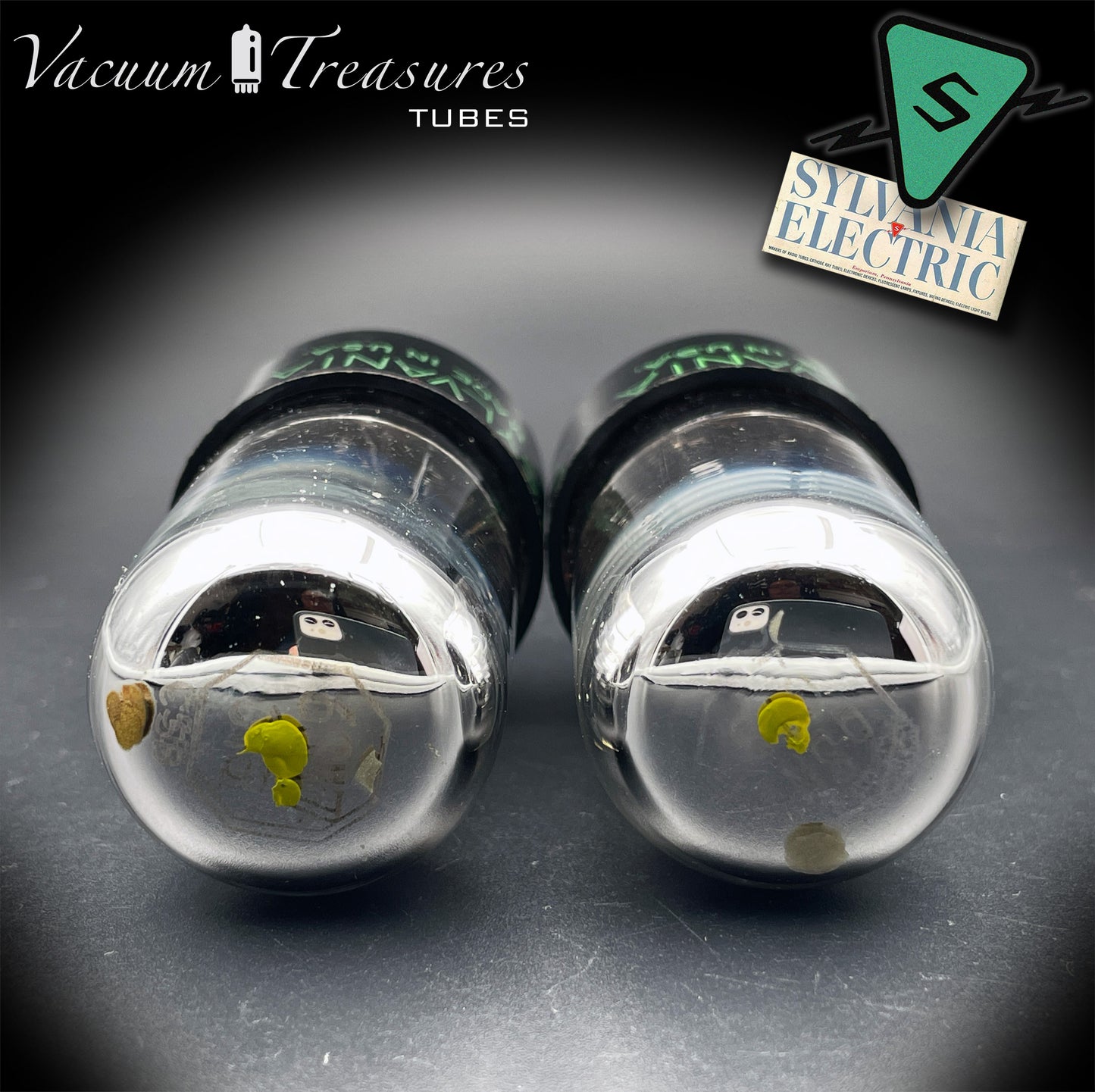 6SN7GTB NOS SYLVANIA CHROME TOP Matched Pair Yellow Dot Black Plates Tubes USA 1955