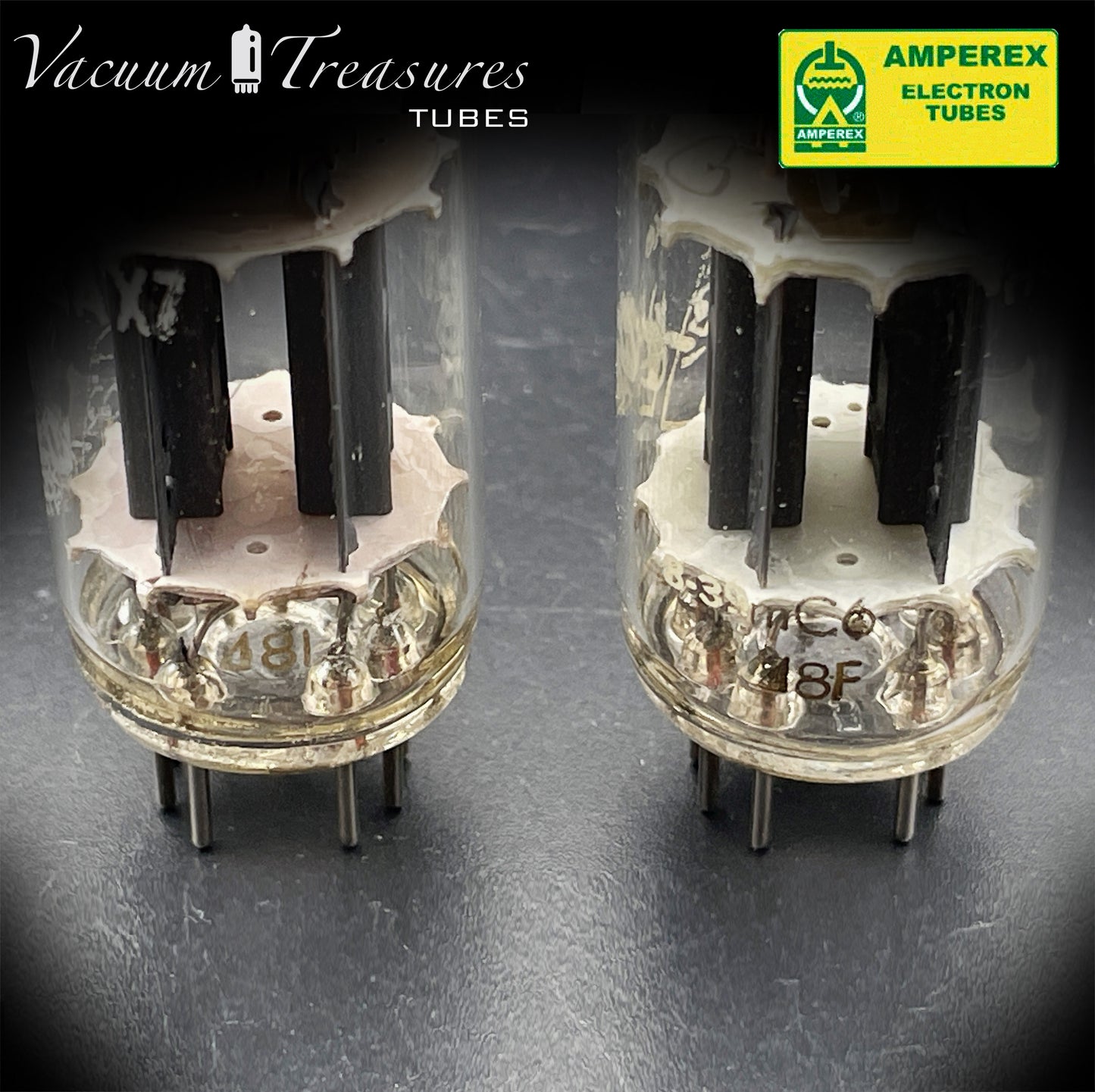 12AX7 / ECC83 NOS Amperex Bugle Boy Matched Pair AMPLITREX Tested Long Plates Foil Getter '58