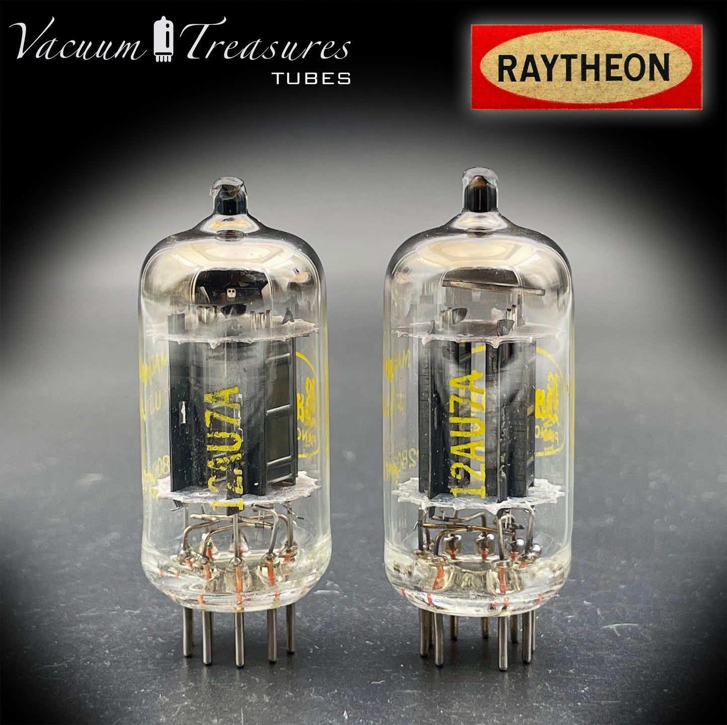 12AU7A / ECC82 NOS Baldwin by RAYTHEON Matched Pair Tubes Long Black Plates Halo Getter Made in USA '61