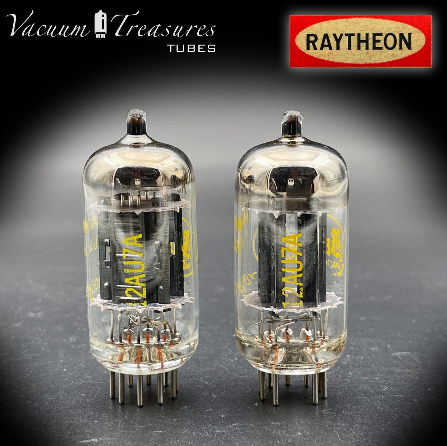 12AU7A / ECC82 NOS Baldwin by RAYTHEON Matched Pair Tubes Long Black Plates Halo Getter Made in USA '61
