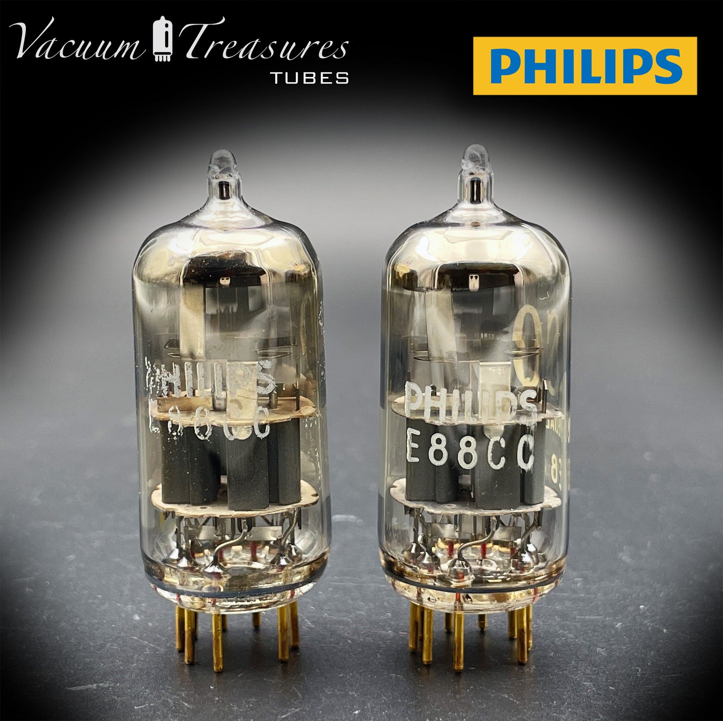 E88CC ( 6922 ) PHILIPS Special Quality Matched Pair Halo Getter Gold Pin Tubes Made in Holland '60s
