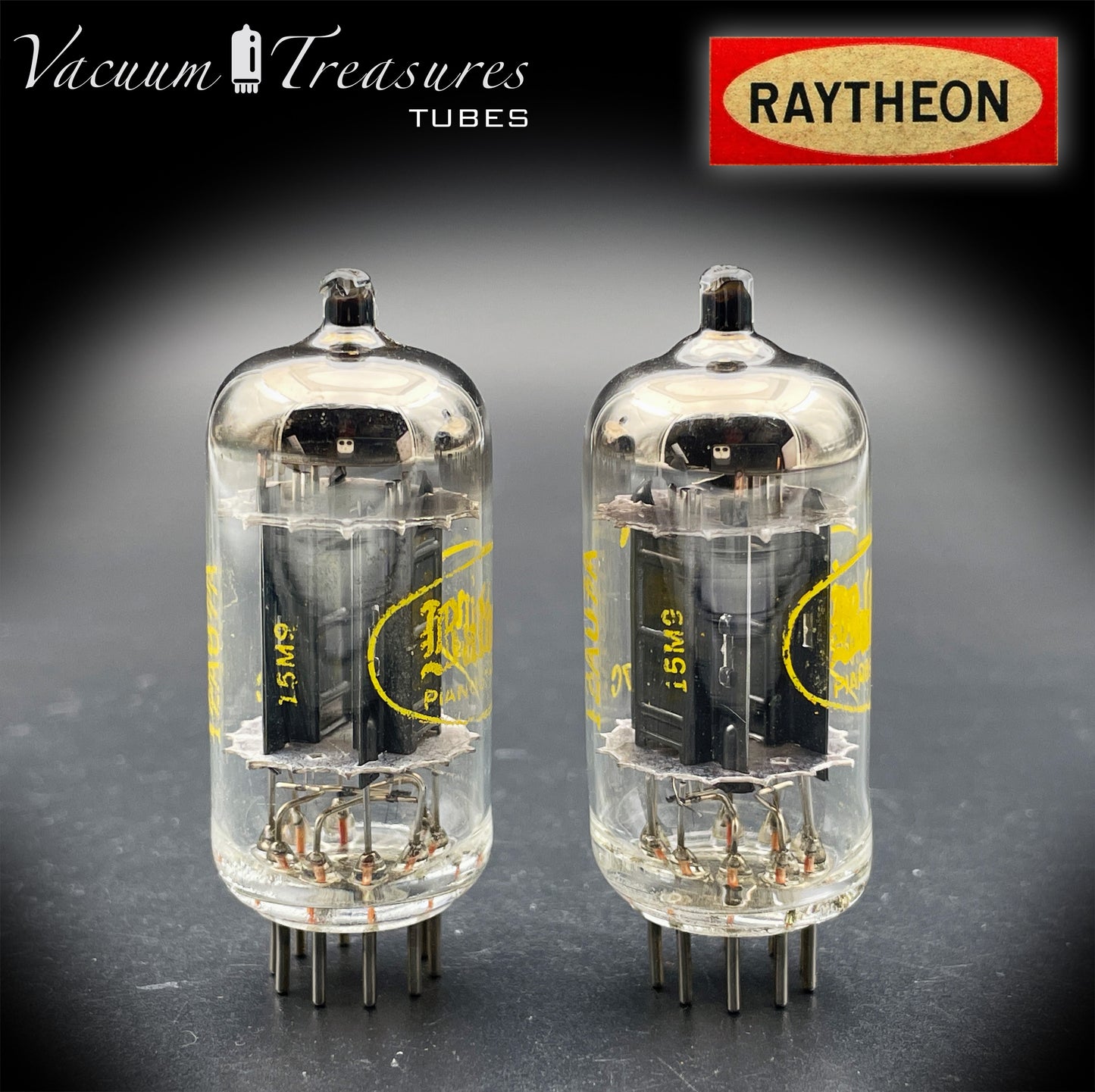 12AU7A / ECC82 NOS Baldwin by RAYTHEON Matched Pair Tubes Long Black Plates Halo Getter Made in USA '61