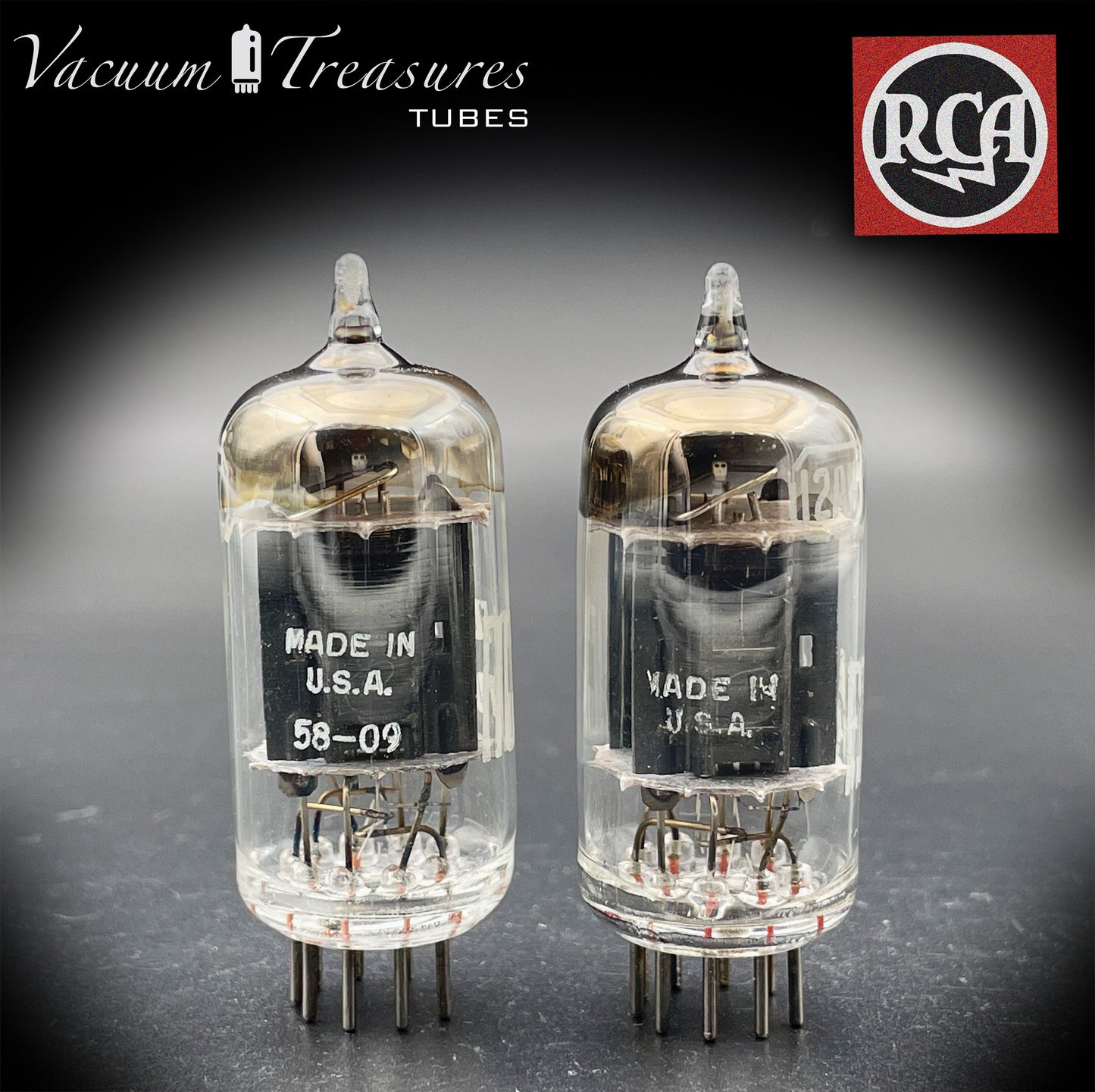 12AX7 / ECC83 RCA Matched Pair Long Black Plates Square Tilt getter Made in USA '58