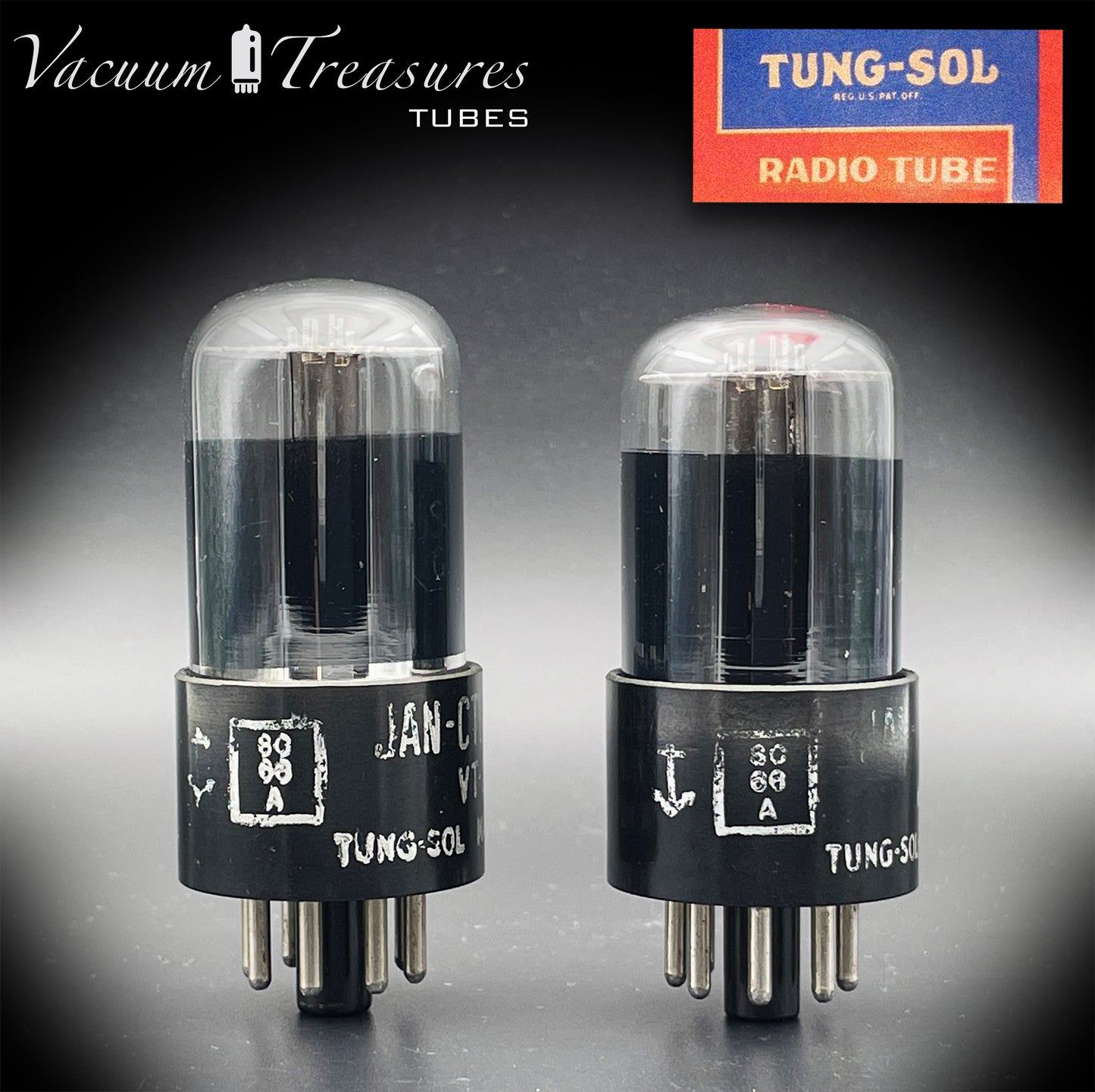 6SL7 GT ( VT-229 ) TUNG-SOL JAN CTL Black Glass Black Round Plates Matched Tubes Made in USA '50s