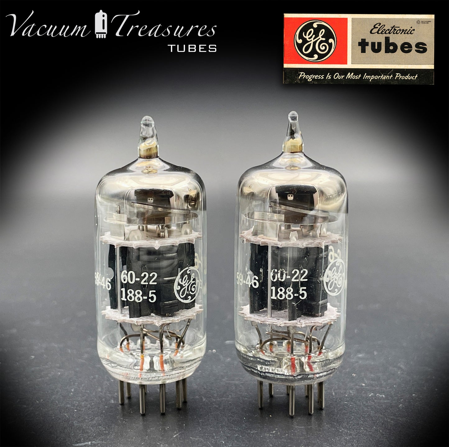 6072 / 12AY7 NOS GE JG Matched Pair Black Plates Triple Mica Halo Getter USA ’60s - AMPLITREX Tested