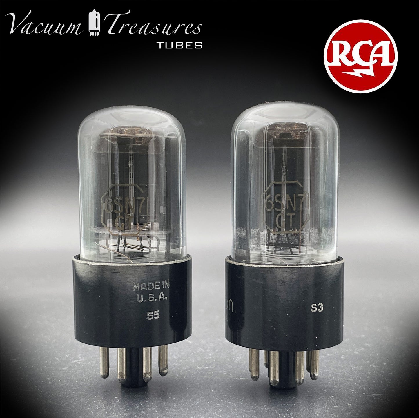 6SN7 GT RCA Radiotron Smoked Glass Matched Pair Silver Logo Black Plates D Getter AMPLITREX Tested Low Noise Tubes