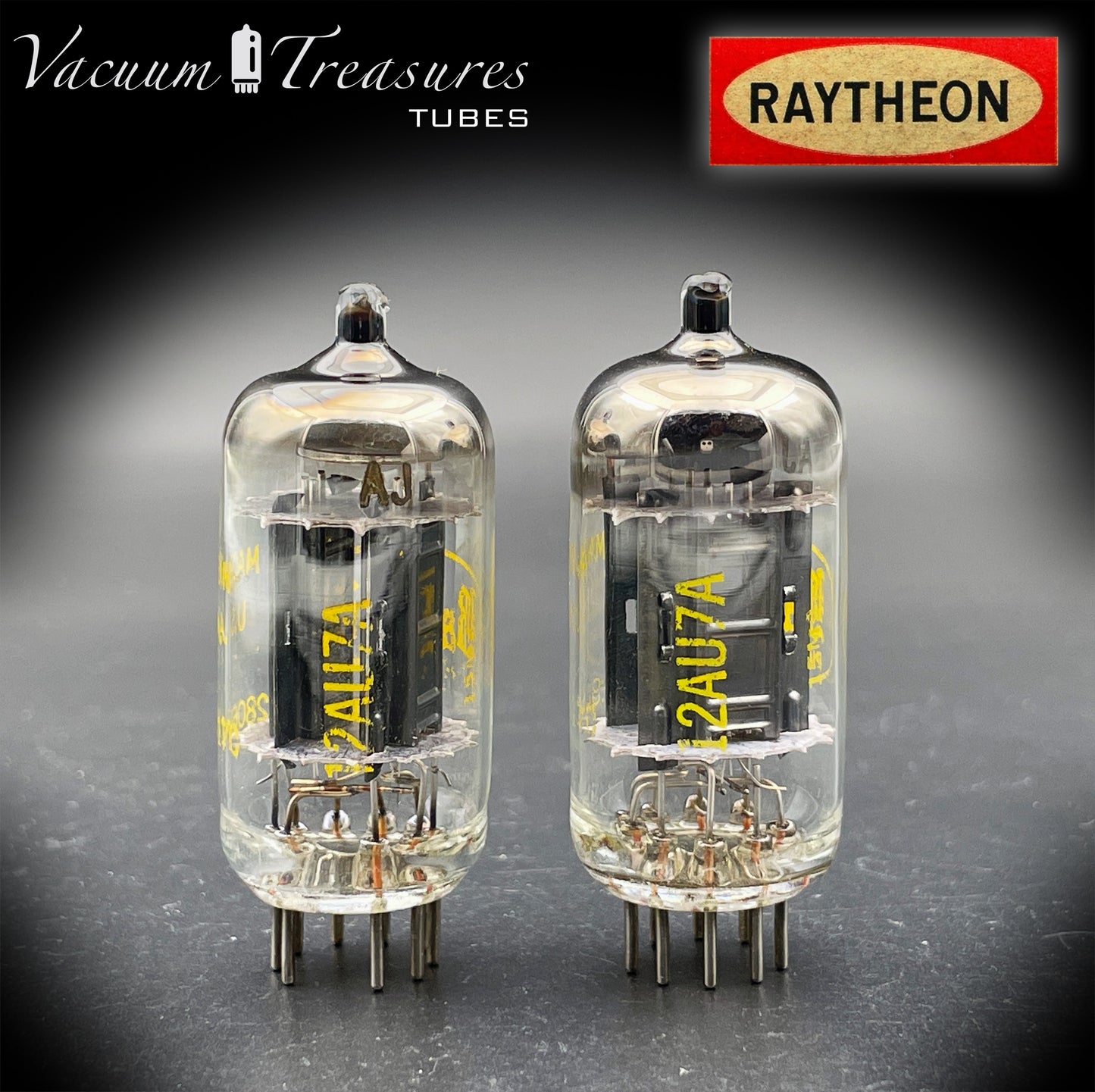 12AU7A / ECC82 NOS Baldwin by RAYTHEON Matched Pair Tubes Long Black Plates Halo Getter Made in USA '61