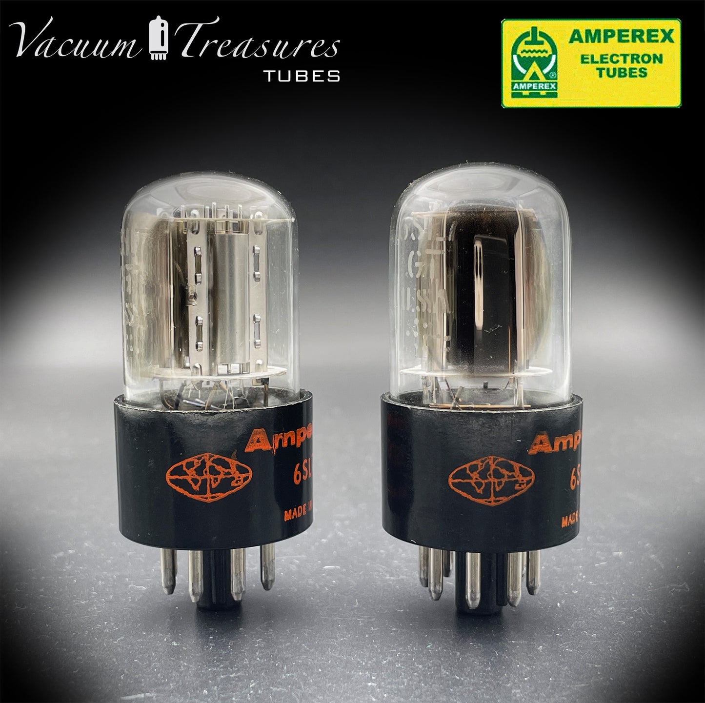 6SL7GT AMPEREX GLOBE Matched Pair Silver Plates Side Halo Getter Tubes USA 60s