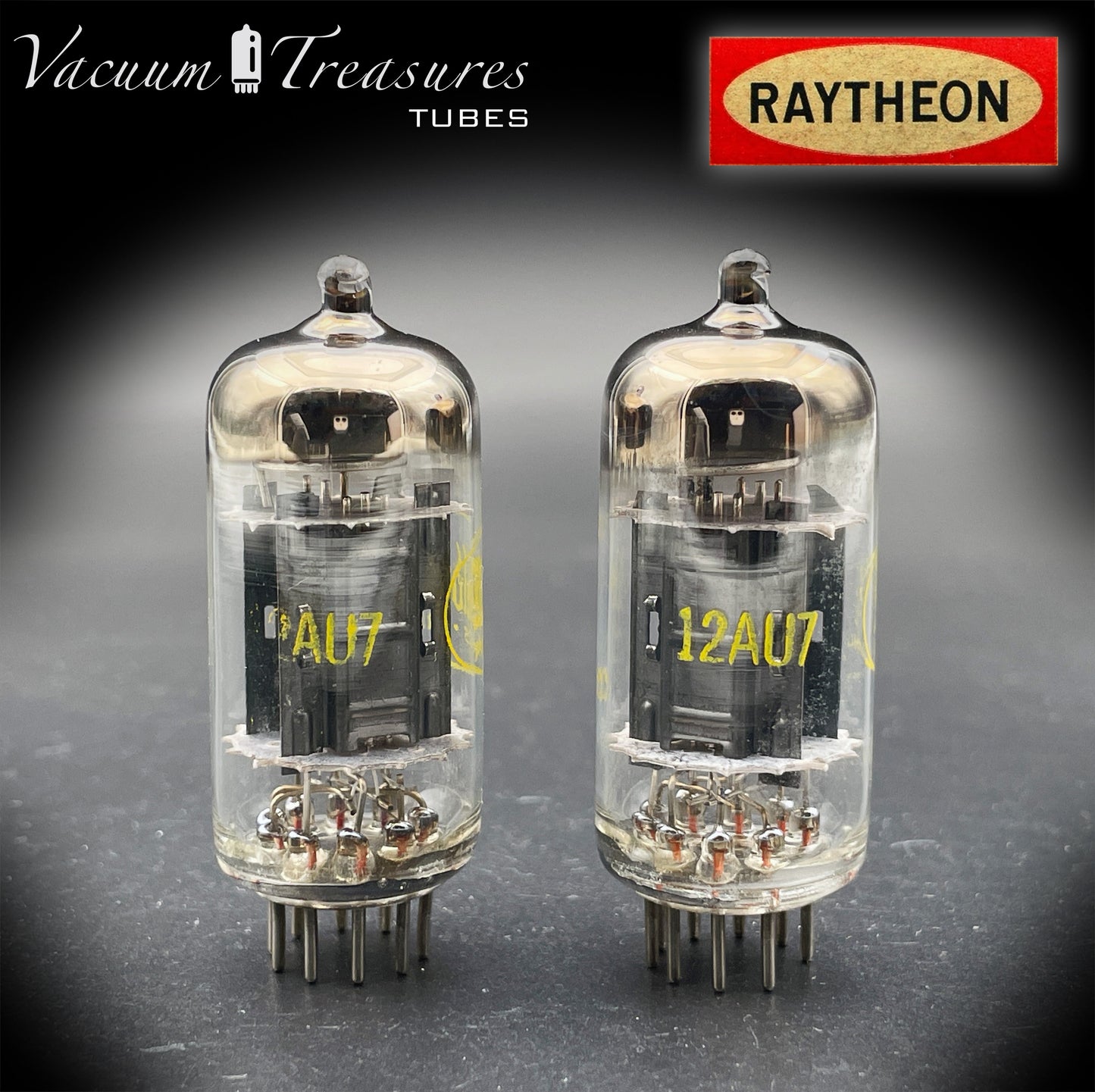 12AU7A / ECC82 Baldwin by RAYTHEON Matched Pair Tubes Long Black Plates Halo Getter Made in USA '60s