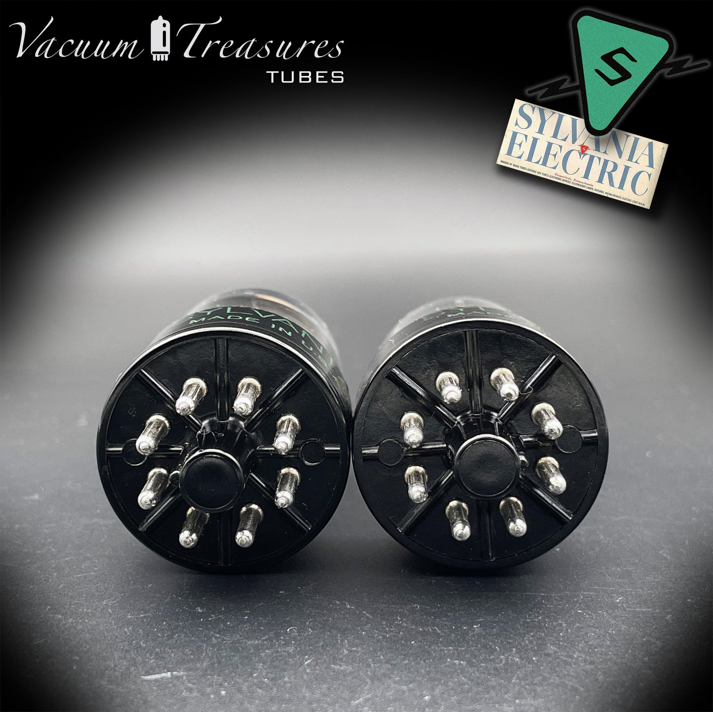 6SN7GTB NOS SYLVANIA CHROME TOP Green Dot Matched Pair Black Plates Tubes USA '50s