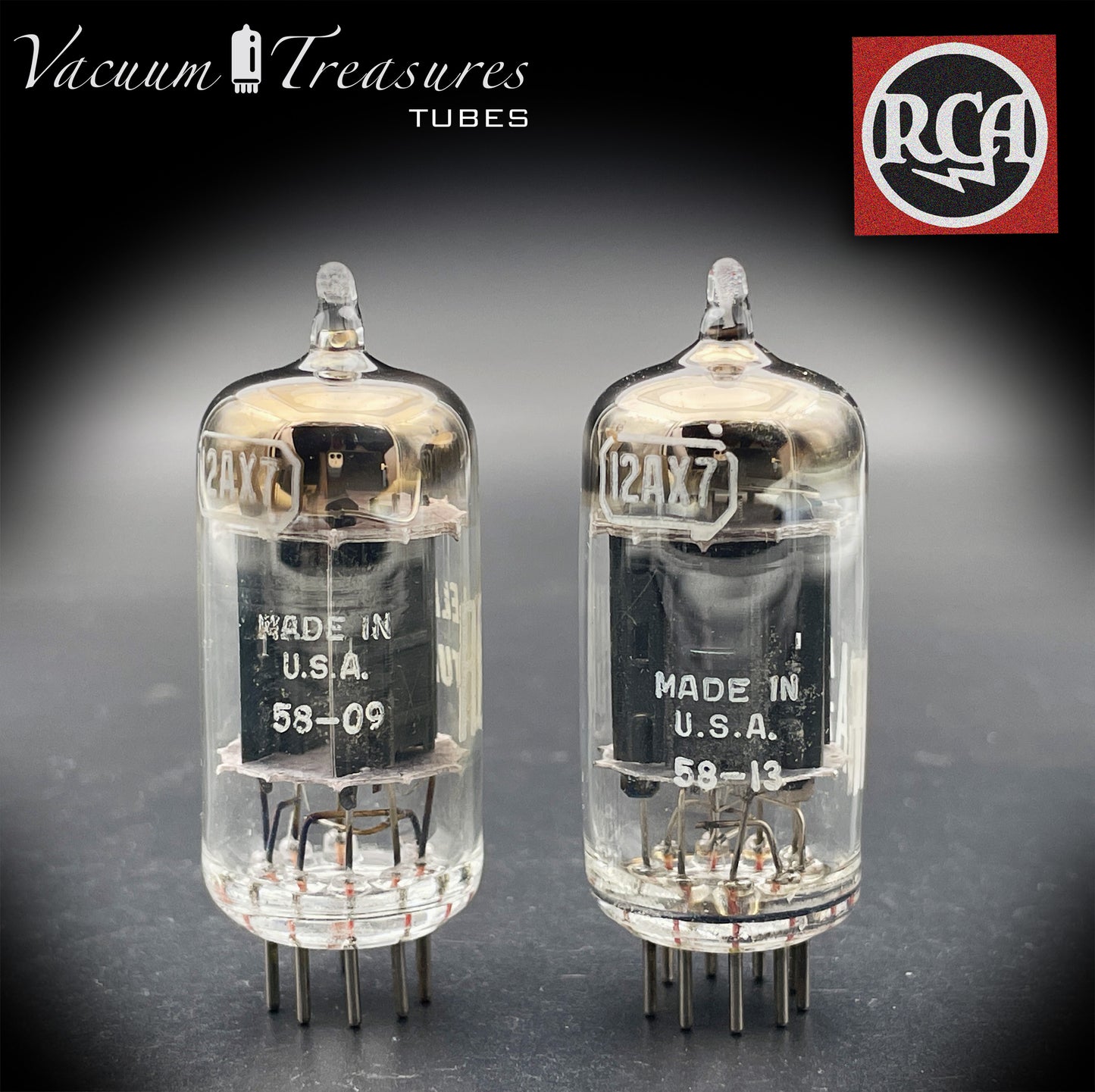 12AX7 / ECC83 RCA Matched Pair Long Black Plates Square Tilt getter Made in USA '58