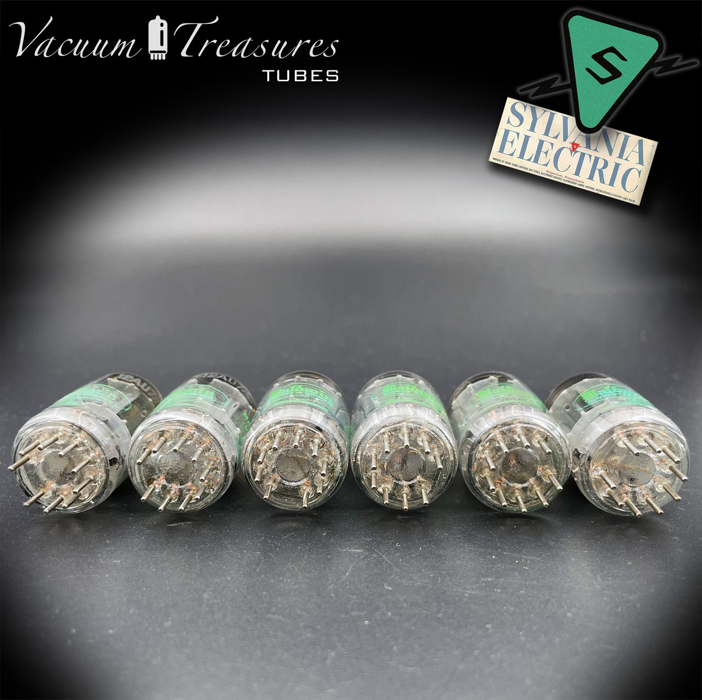 12AU7A ECC82 NOS Sylvania – Long Gray Plates Halo Getter Matched Sextet Tubes USA 1951