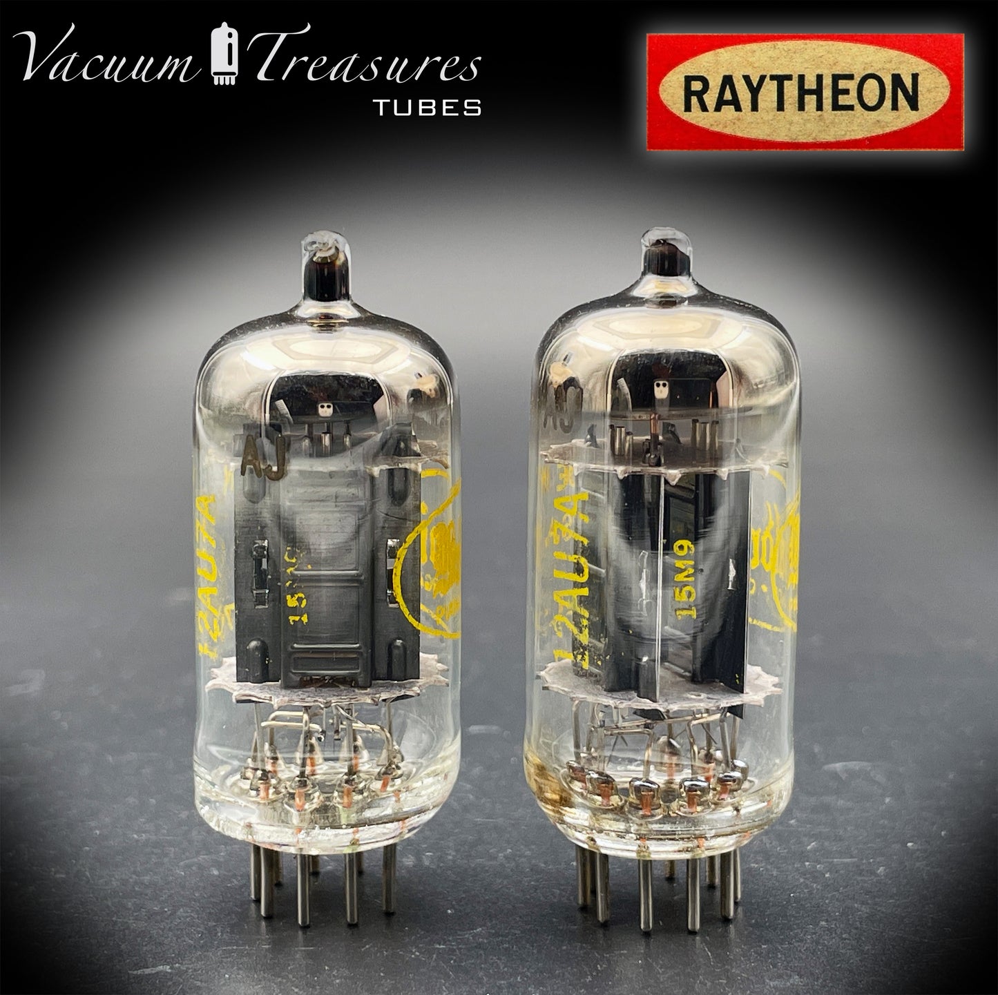12AU7A / ECC82 NOS Baldwin by RAYTHEON Matched Pair Tubes Long Black Plates Halo Getter Made in USA '61