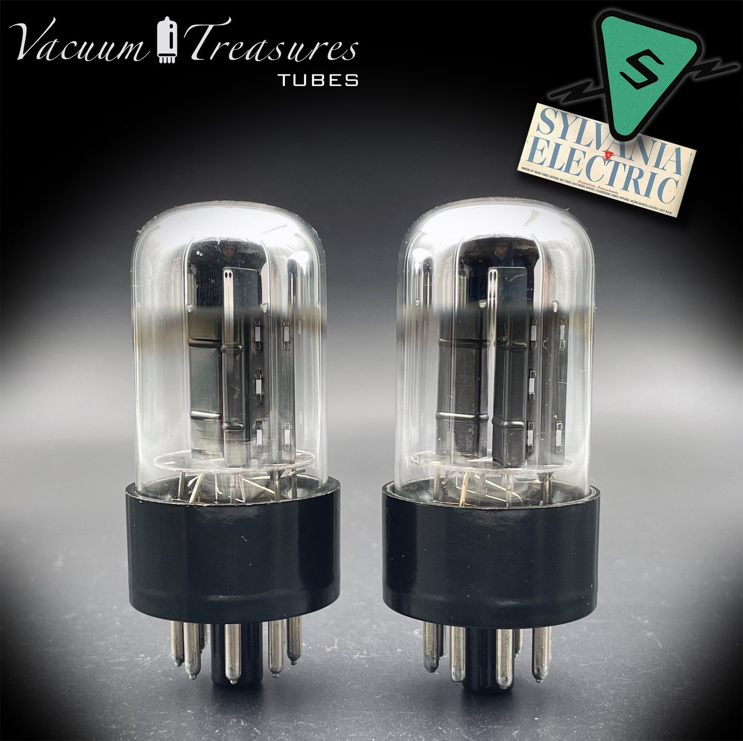 6SN7GTB NOS SYLVANIA CHROME TOP Green Dot Matched Pair Black Plates Tubes USA '50s