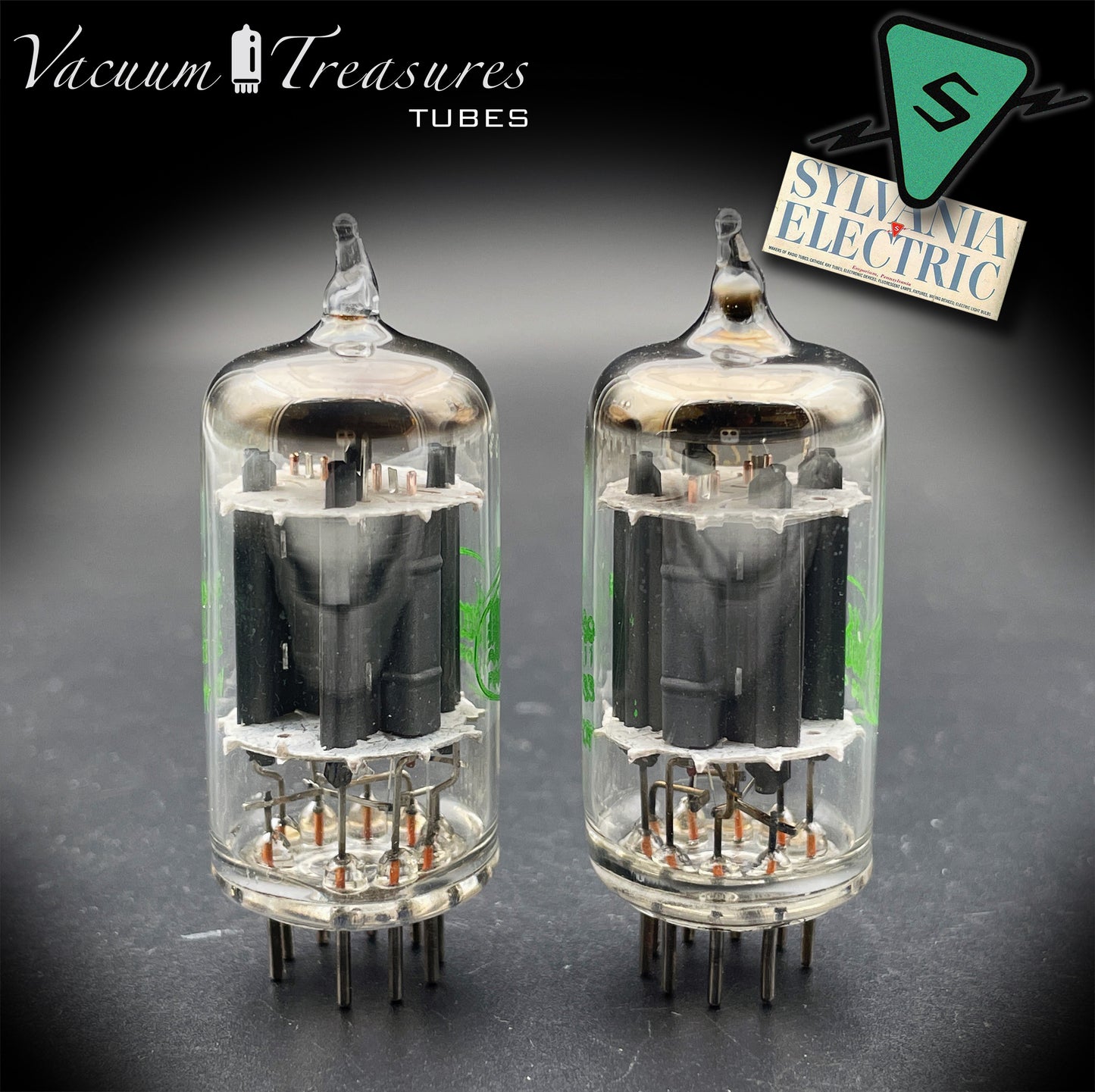 12AX7 ECC83 Baldwin by SYLVANIA – Matched Pair – Long Gray Plates Halo Getter USA 1959