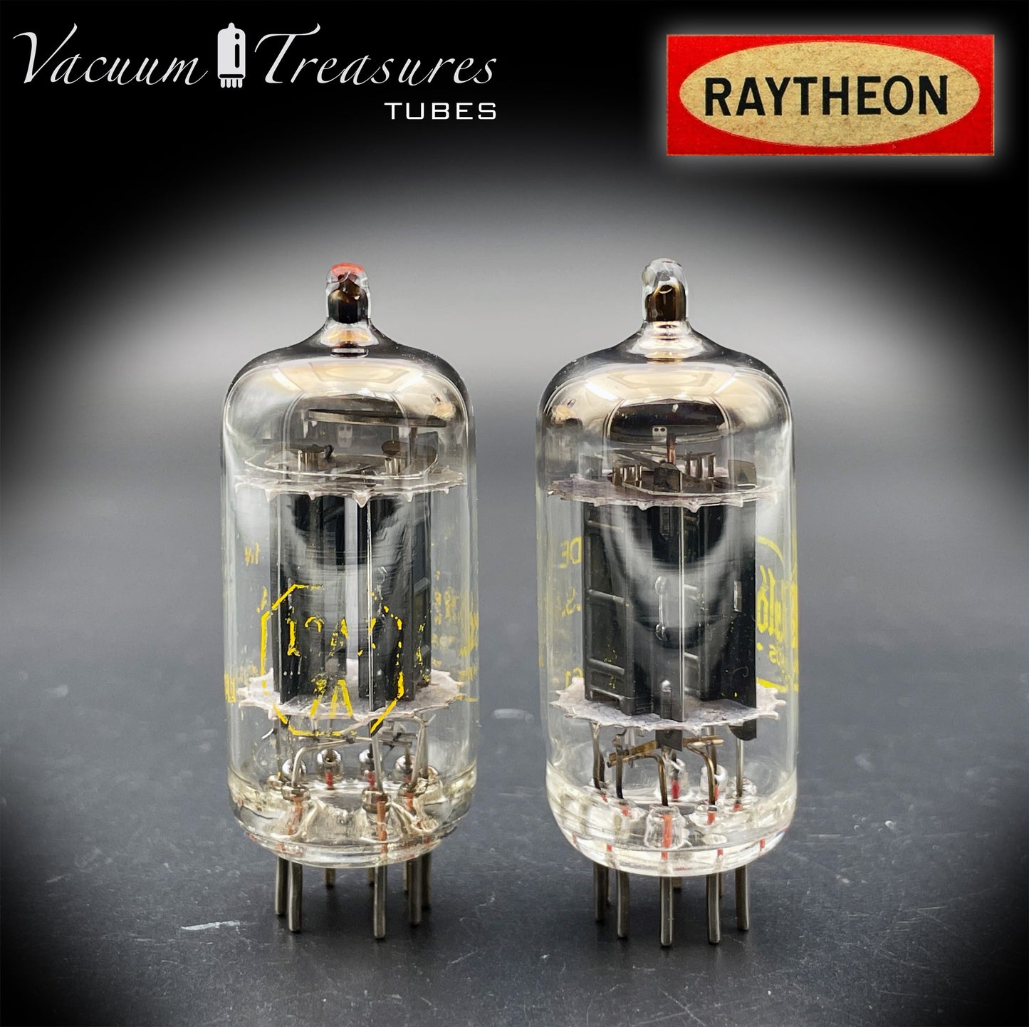 12AX7A ECC83 Baldwin Raytheon Matched Pair Tubes – Long Black Plates Halo Getter USA 1960s
