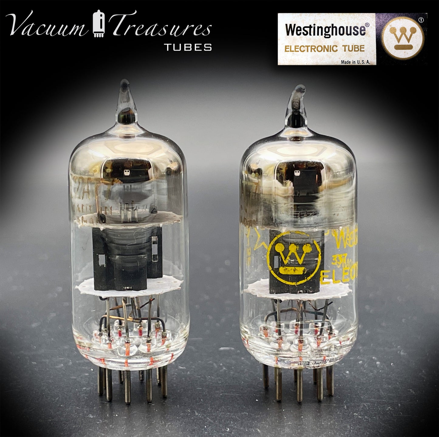 12AT7 / ECC81 Westinghouse Black Plates Halo Getter Matched Pair – Tested STRONG – Made in Canada '69