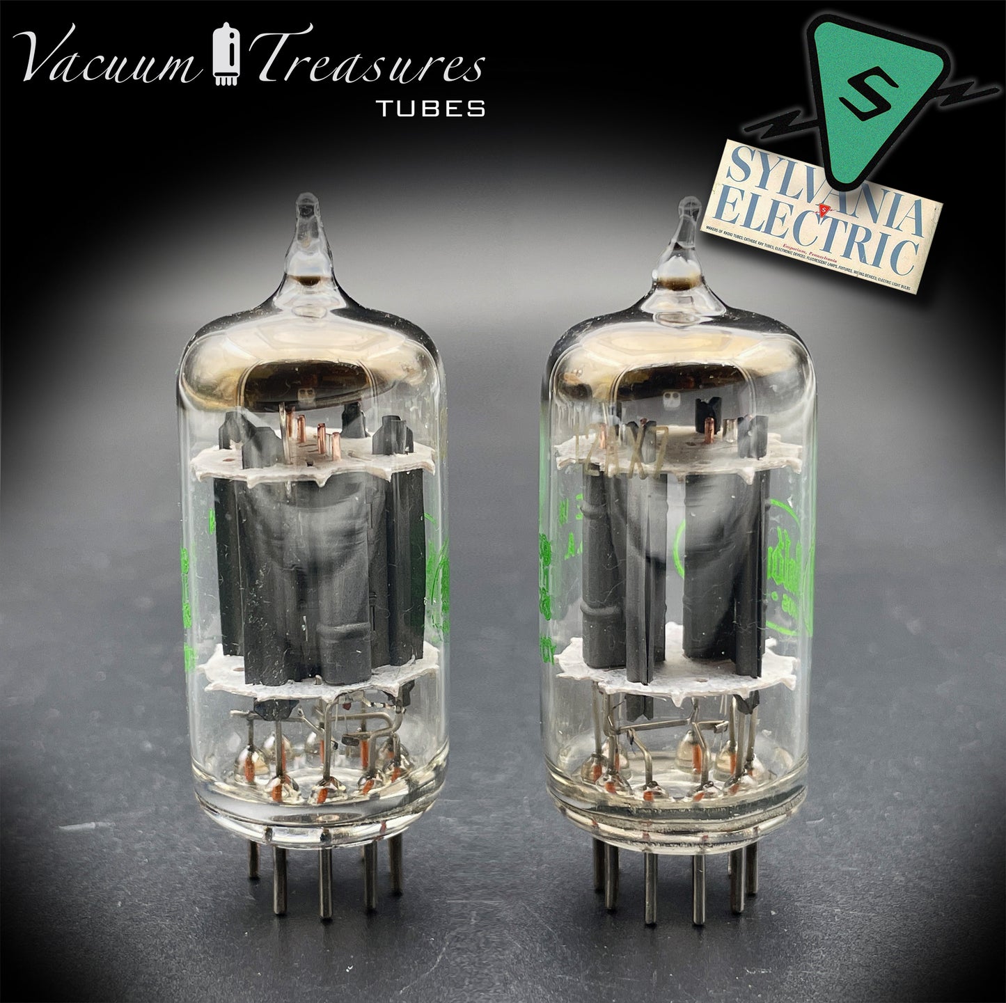 12AX7 ECC83 Baldwin by SYLVANIA – Matched Pair – Long Gray Plates Halo Getter USA 1959