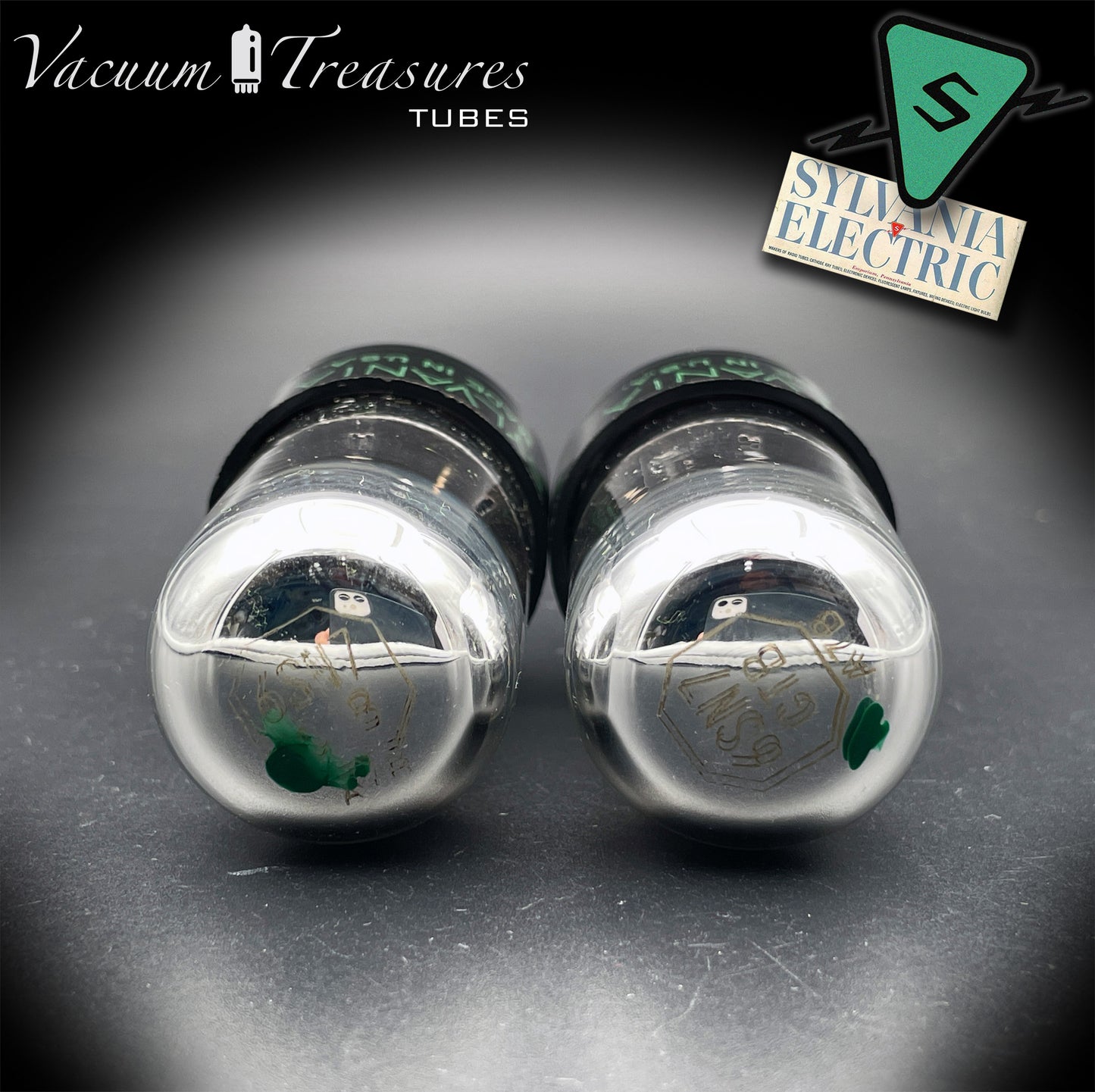 6SN7GTB NOS SYLVANIA CHROME TOP Green Dot Matched Pair Black Plates Tubes USA '50s