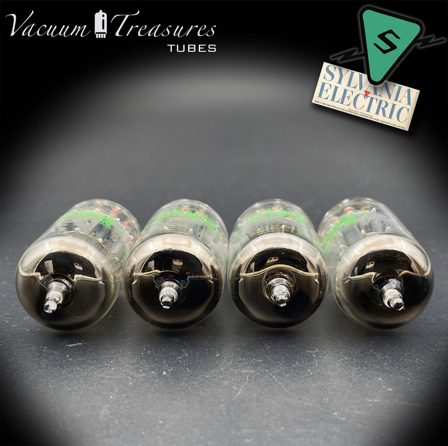 12AU7A / ECC82 NOS Baldwin by SYLVANIA Long Gray Plates Halo Getter Matched Quad Tubes Made in USA '60s