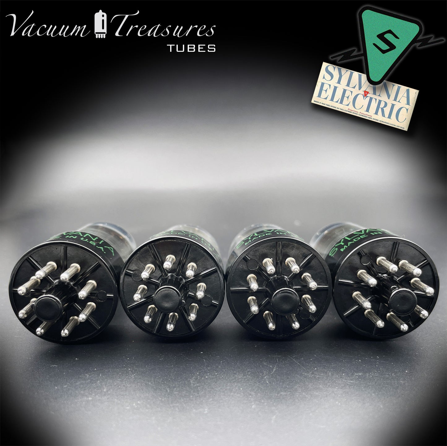 6SN7GTB NOS SYLVANIA CHROME TOP Green Dot Matched Quad Black Plates Tubes USA '50s